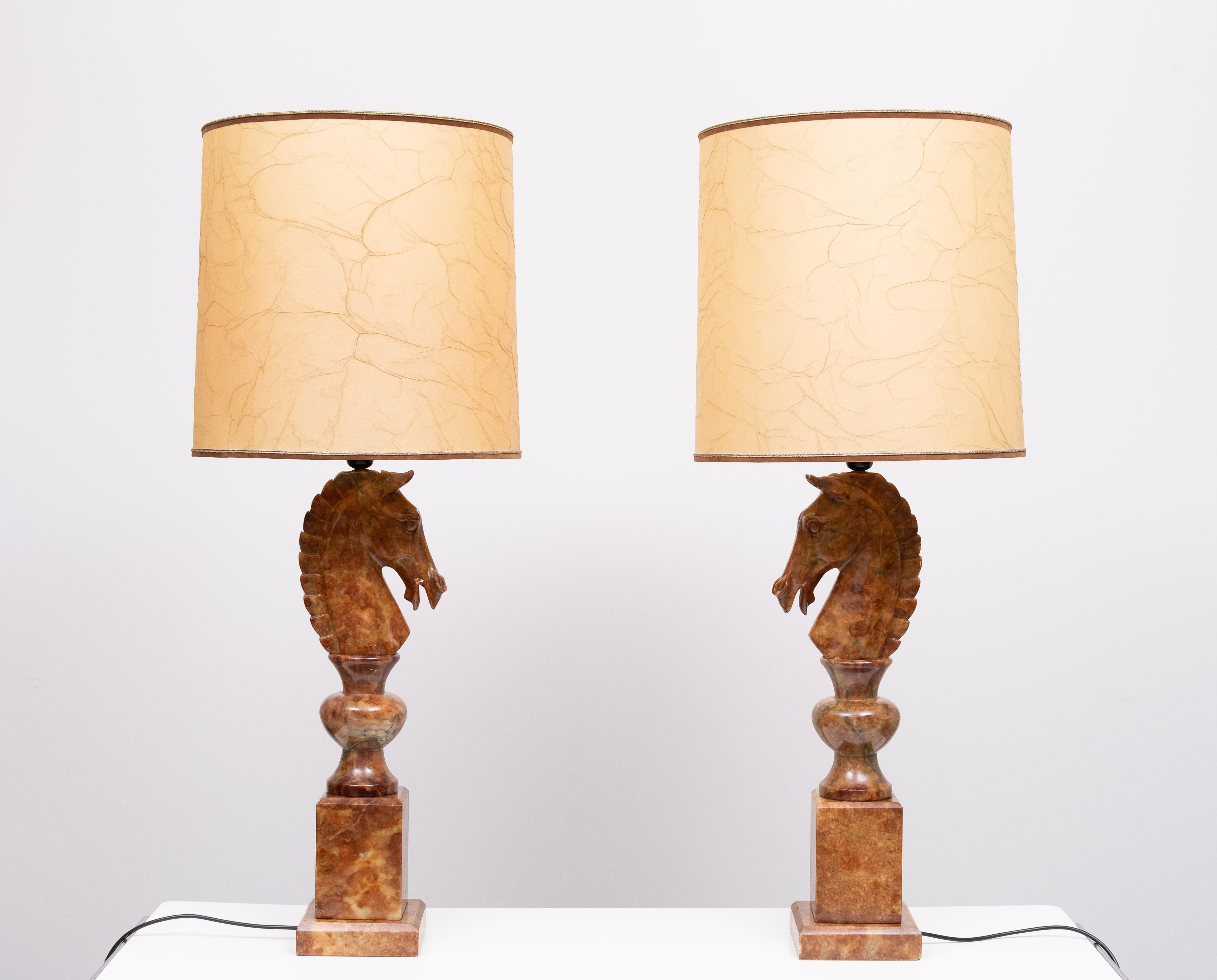 Mid-Century Modern Large Horse Head Chess Knights Carved Alabaster Lamps Italy 1960s For Sale