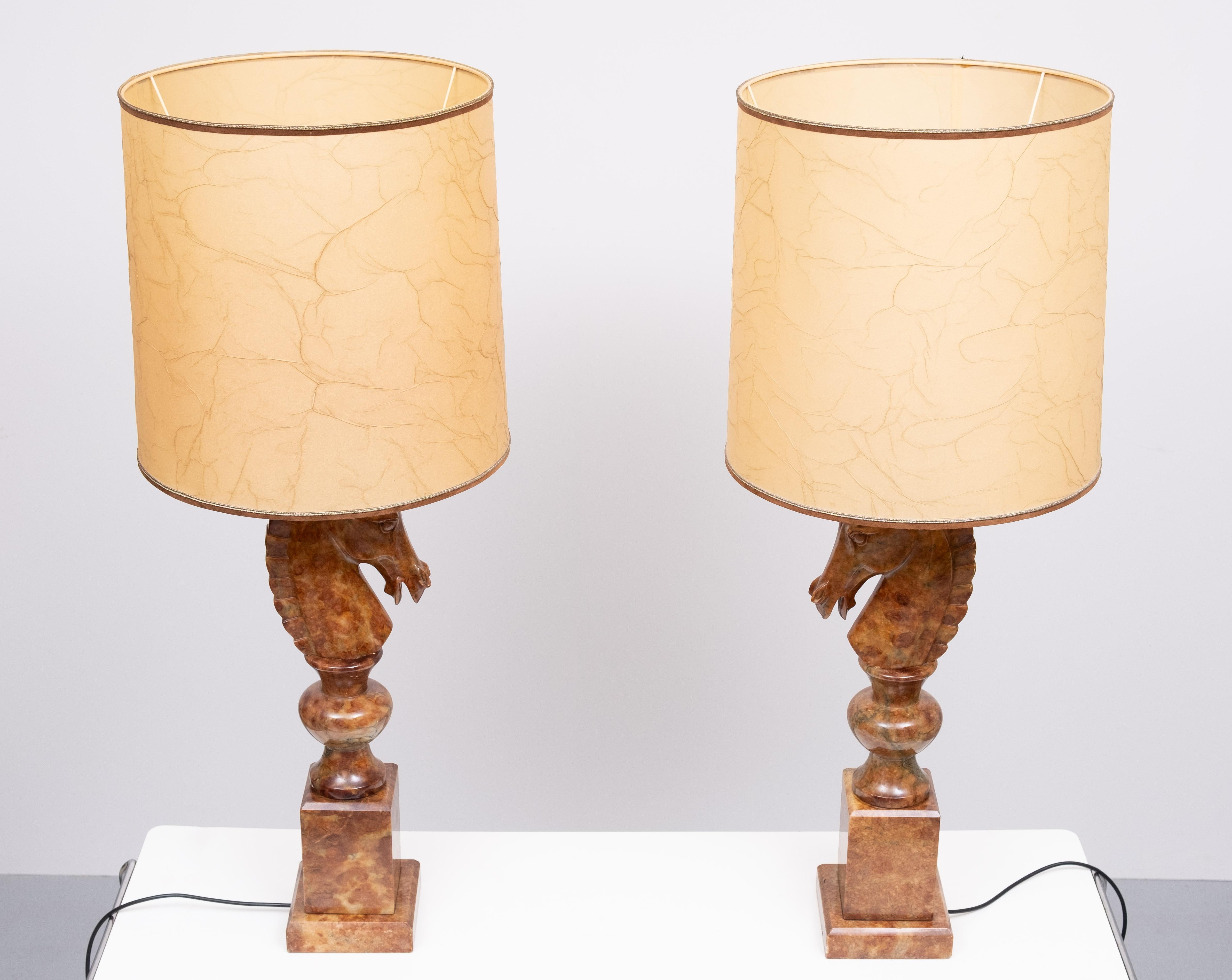 Italian Large Horse Head Chess Knights Carved Alabaster Lamps Italy 1960s For Sale