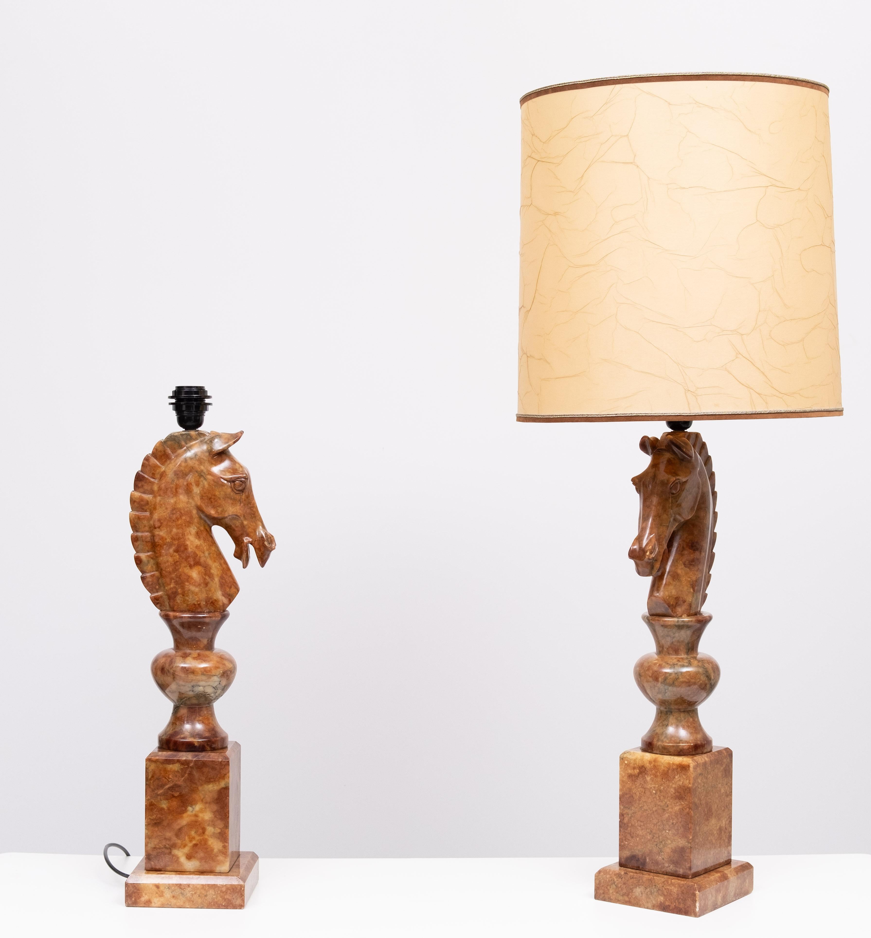 Hand-Carved Large Horse Head Chess Knights Carved Alabaster Lamps Italy 1960s For Sale