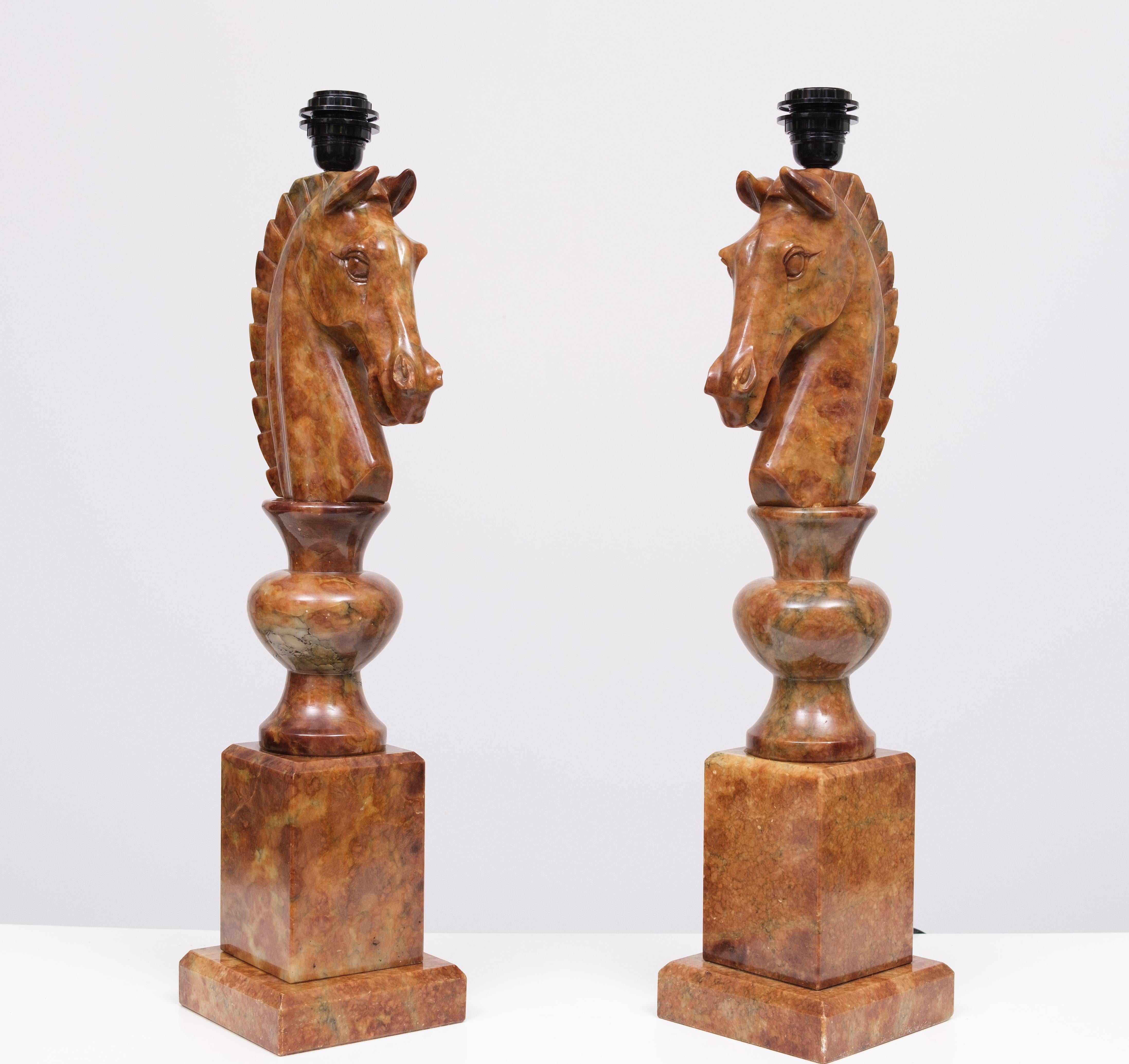 Mid-20th Century Large Horse Head Chess Knights Carved Alabaster Lamps Italy 1960s For Sale