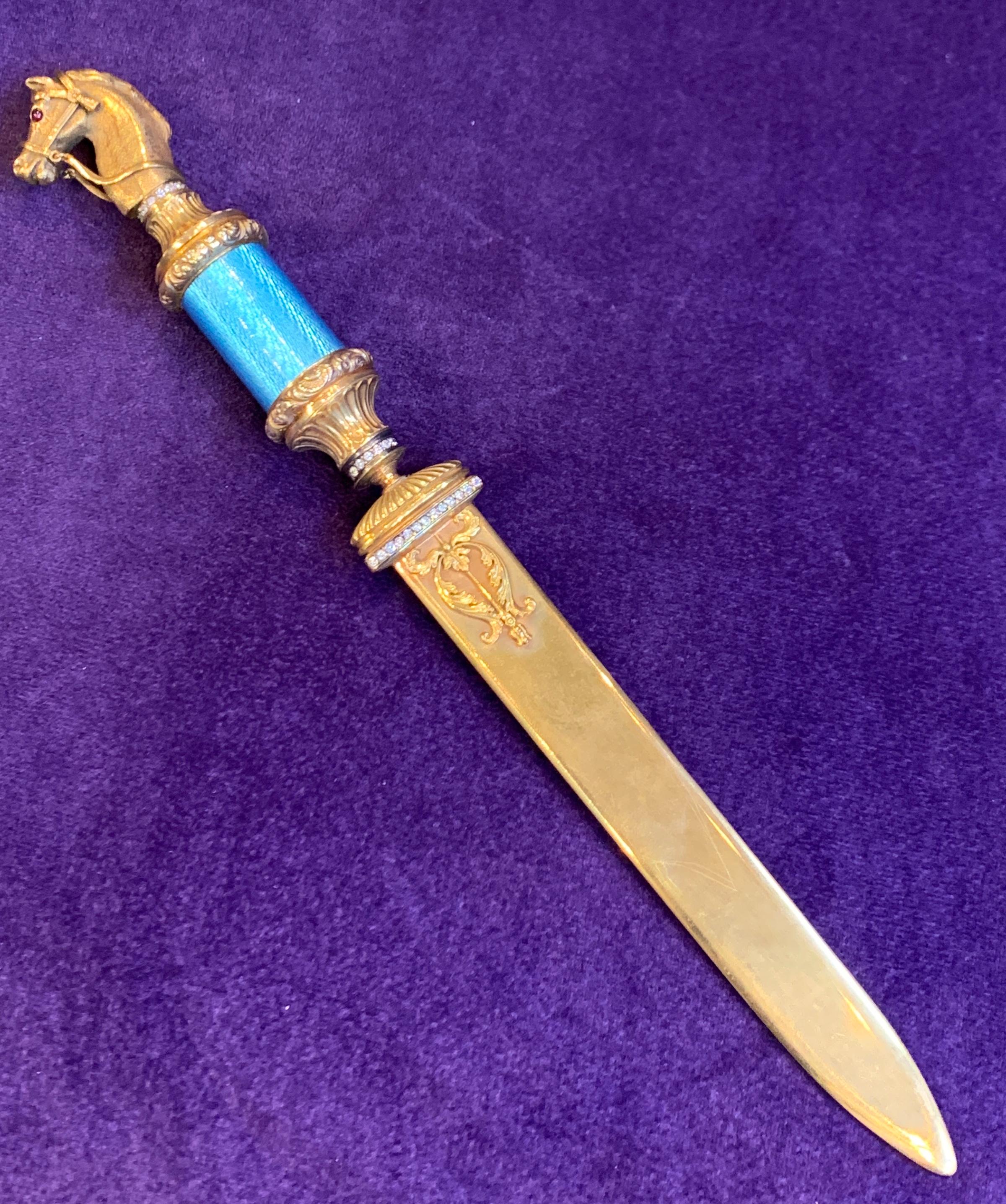 Enameled Horse Head Gilt Silver & Diamond Russian Letter Opener