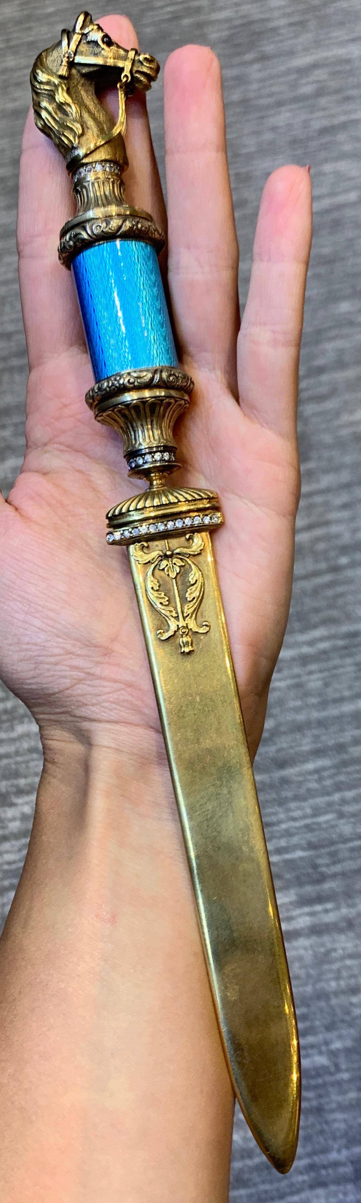 Horse Head Gilt Silver & Diamond Russian Letter Opener In Excellent Condition In New York, NY