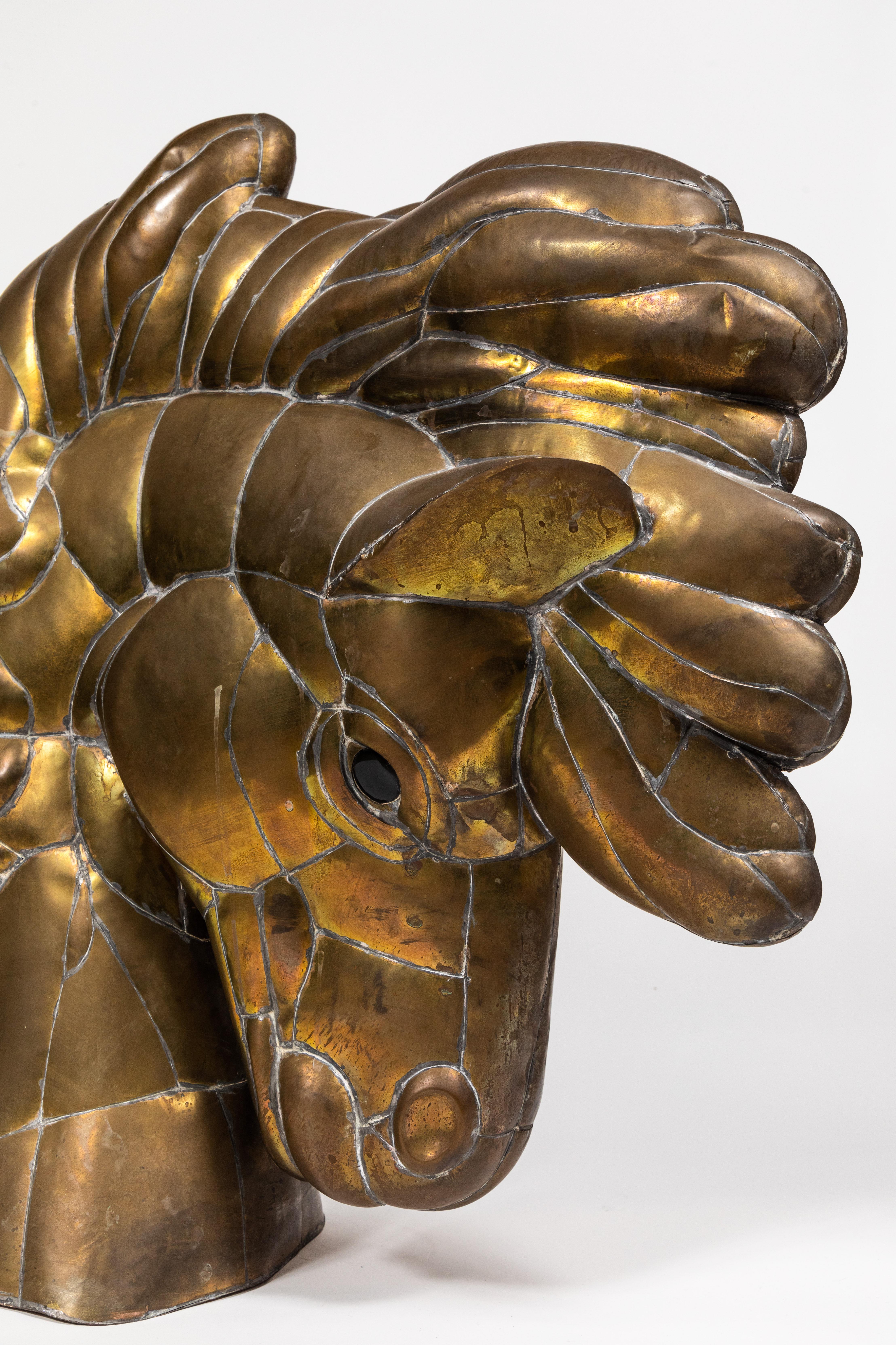 Brutalist Horse Head Sculpture in Pieced Brass