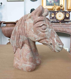 Horse Head Sculpture in Pink Marble with White Veins, 20th Century Art