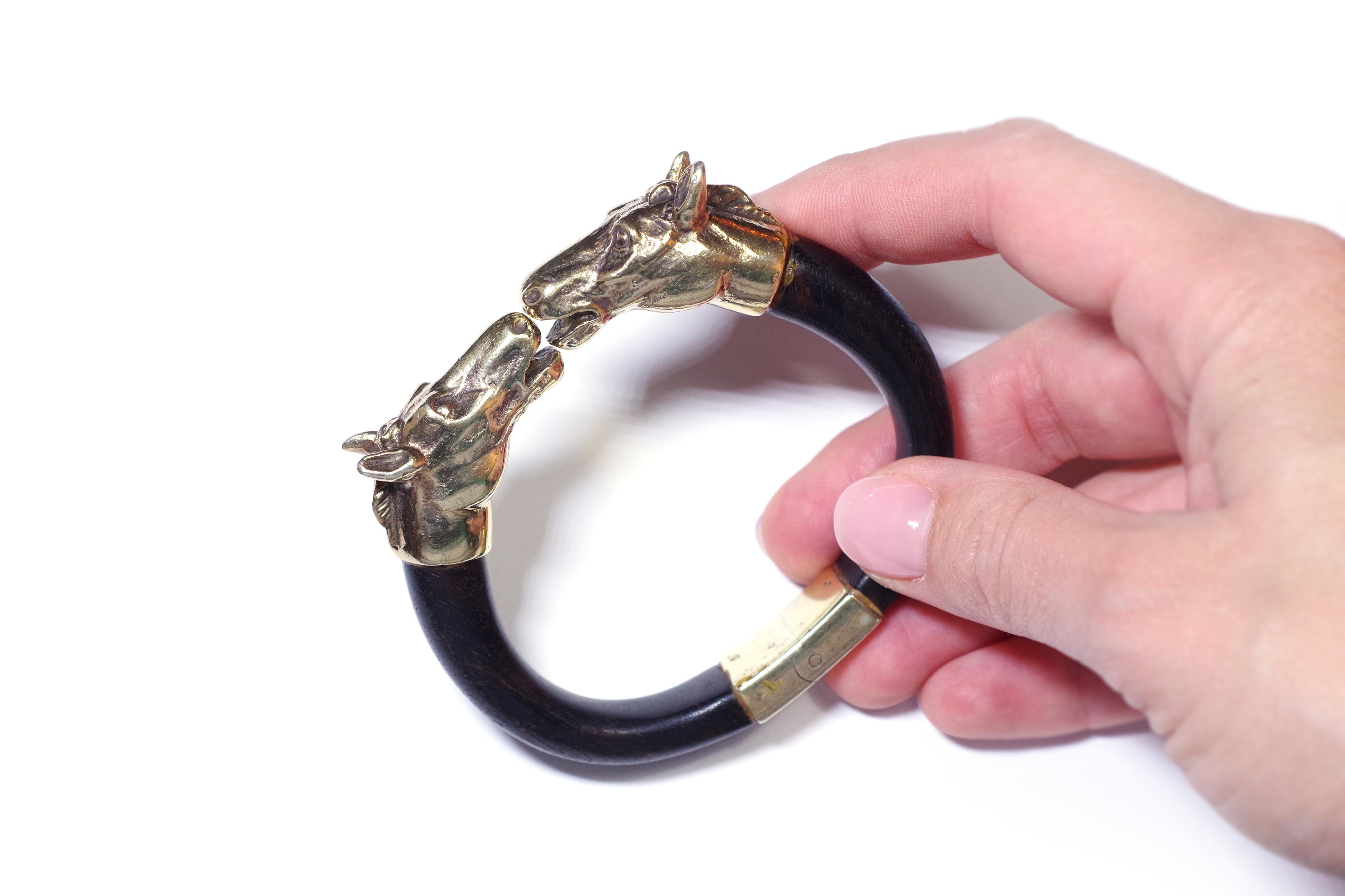 Women's or Men's Horse Heads Bracelet Articulated Ebony and Silver Gilt