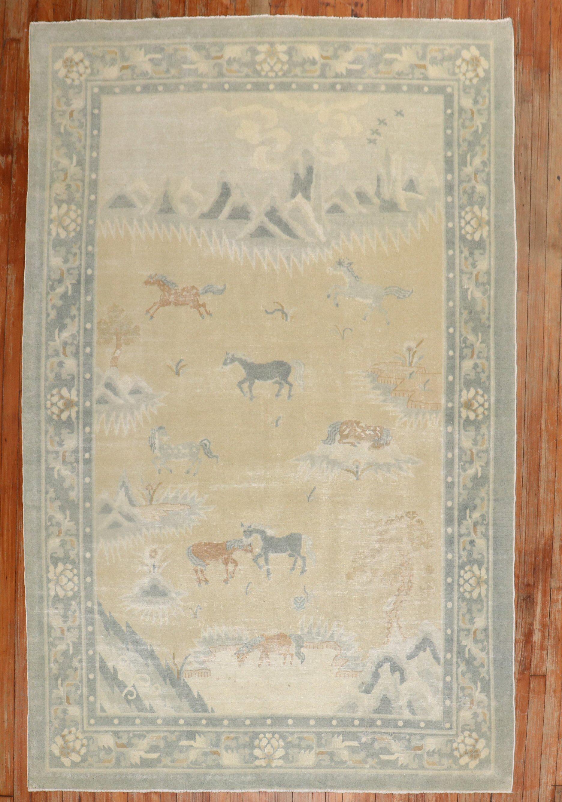 An early-20th century conversational Chinese pictorial rug with a herd of horses on a neutral color ground.

Measures: 5'7