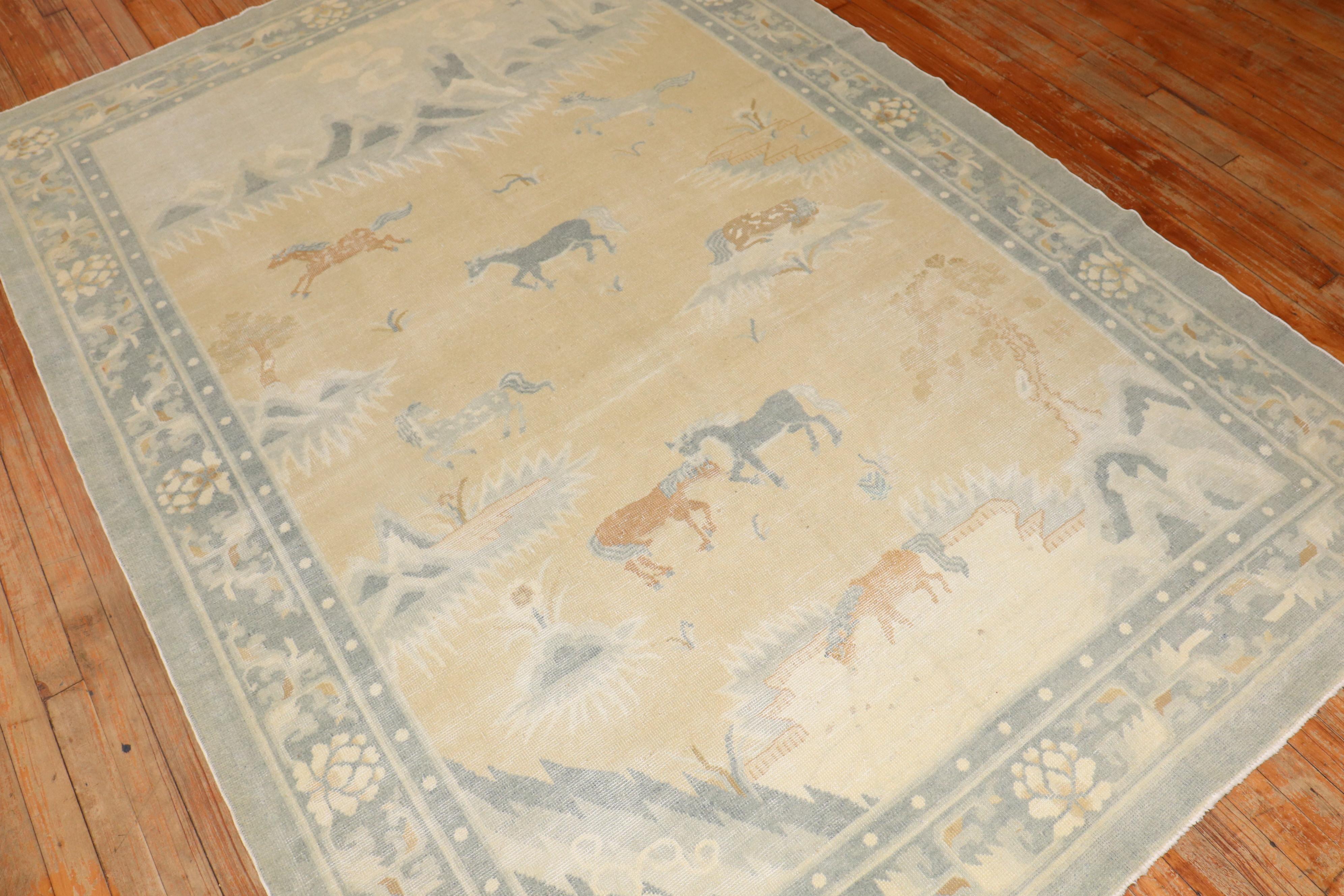 Expressionist Horse Herd Pictorial Antique Chinese Rug For Sale