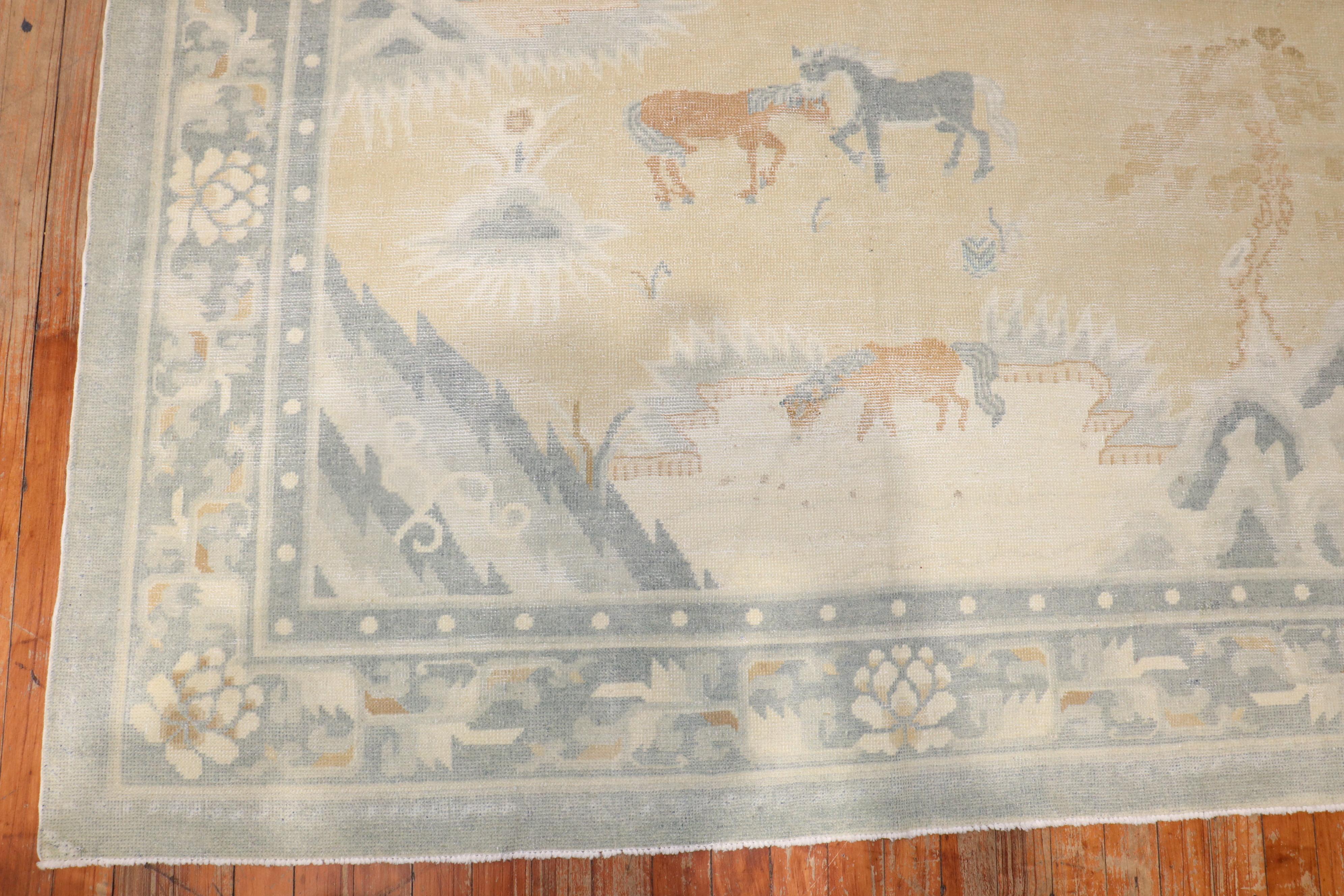Hand-Woven Horse Herd Pictorial Antique Chinese Rug For Sale
