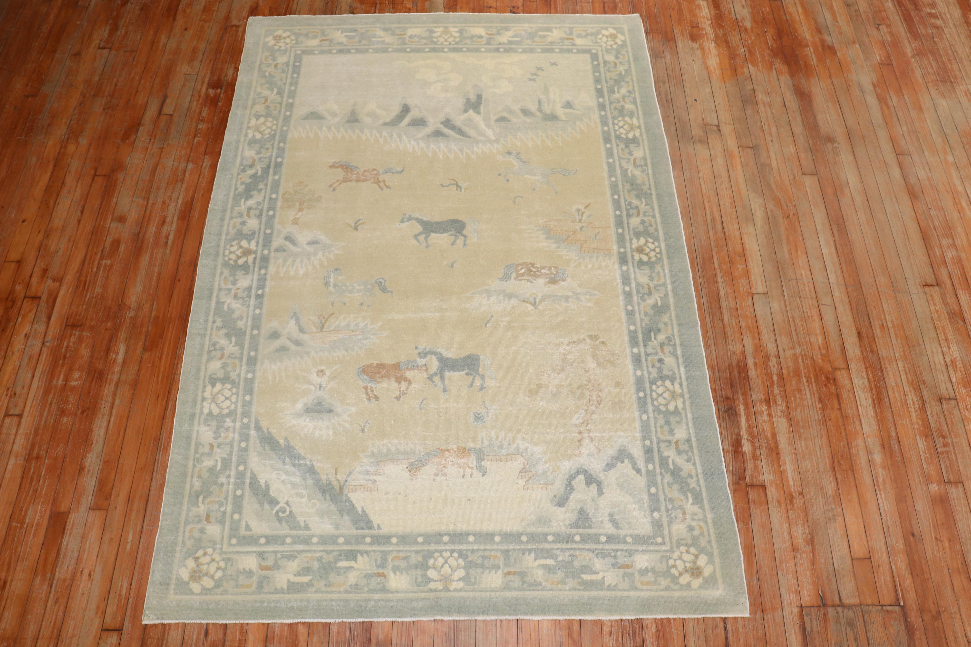 Horse Herd Pictorial Antique Chinese Rug For Sale 2