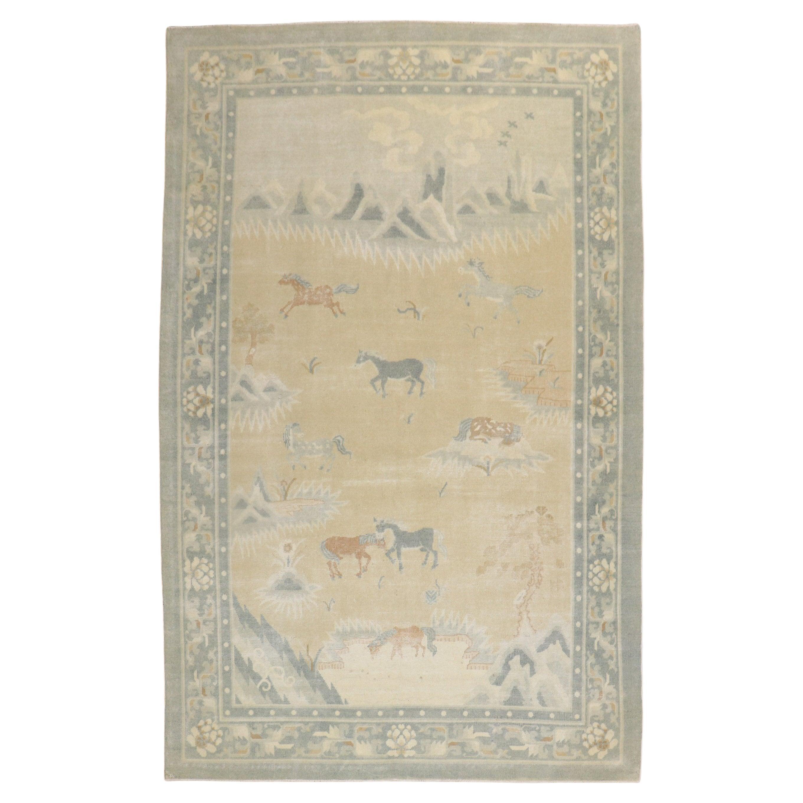 Horse Herd Pictorial Antique Chinese Rug For Sale