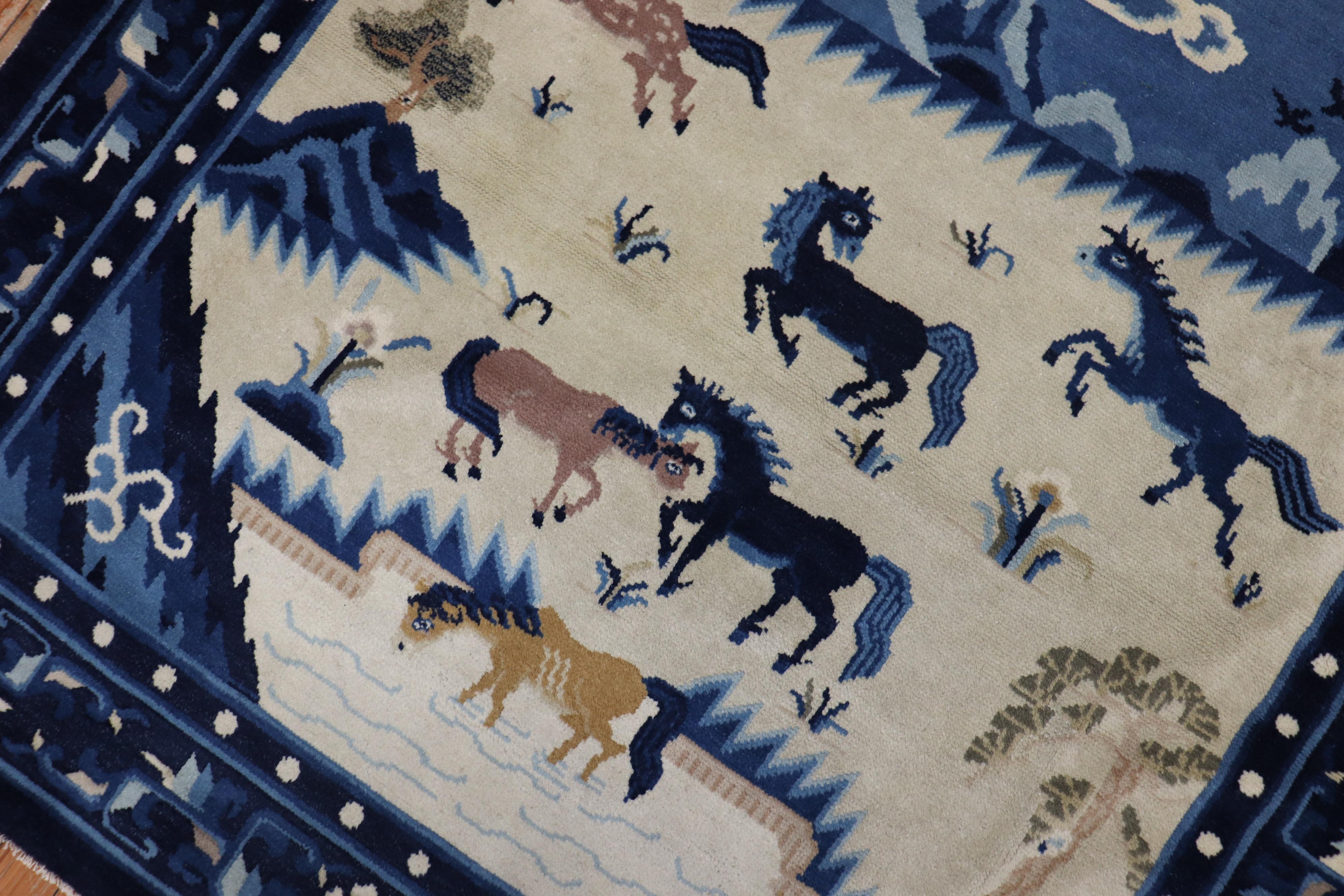 Hand-Woven Horse Herd Pictorial Square Chinese Carpet