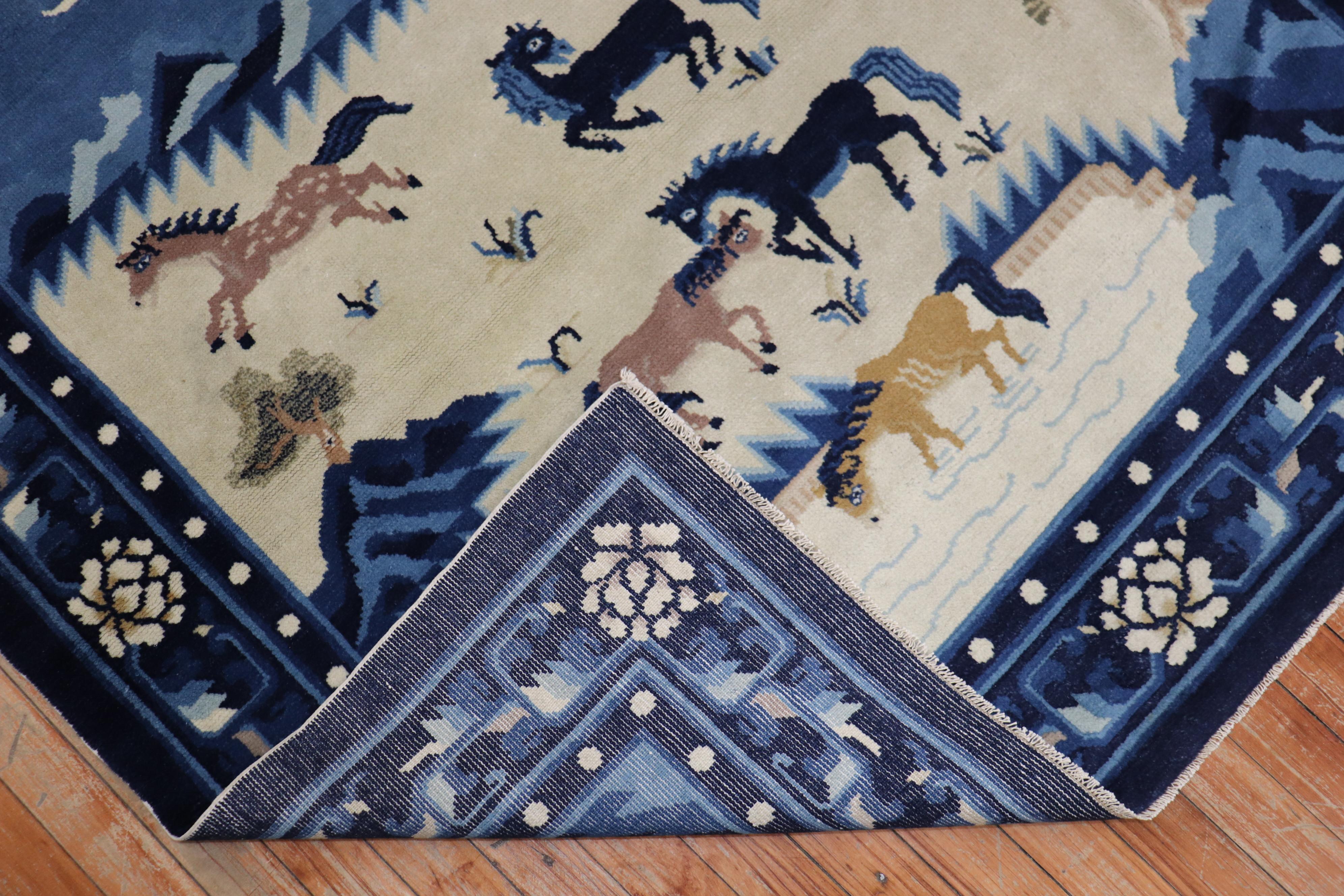 20th Century Horse Herd Pictorial Square Chinese Carpet