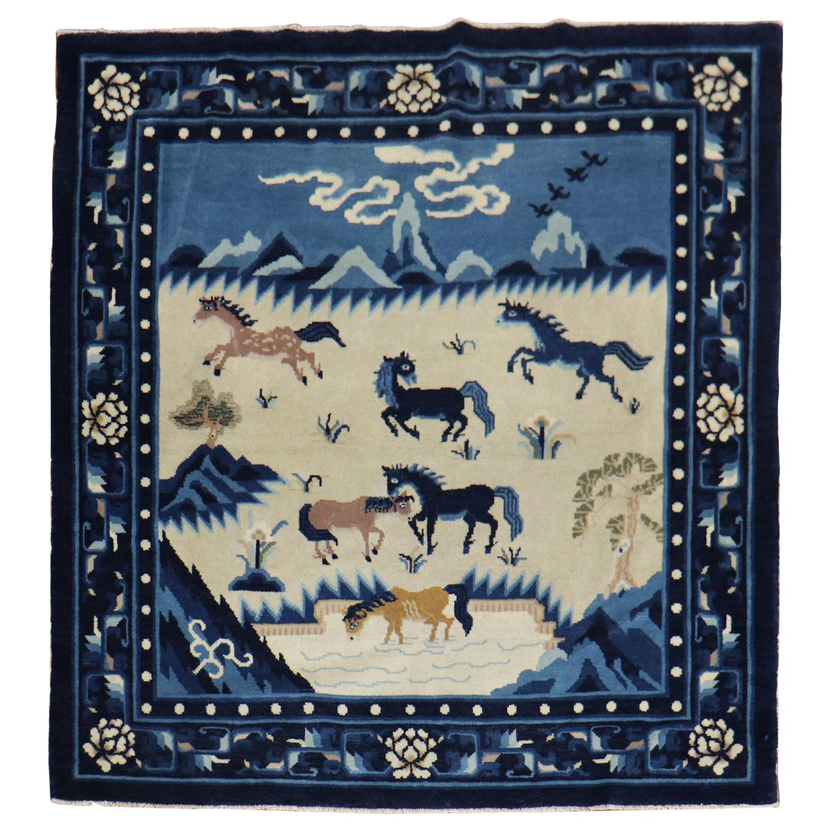 Horse Herd Pictorial Square Chinese Carpet