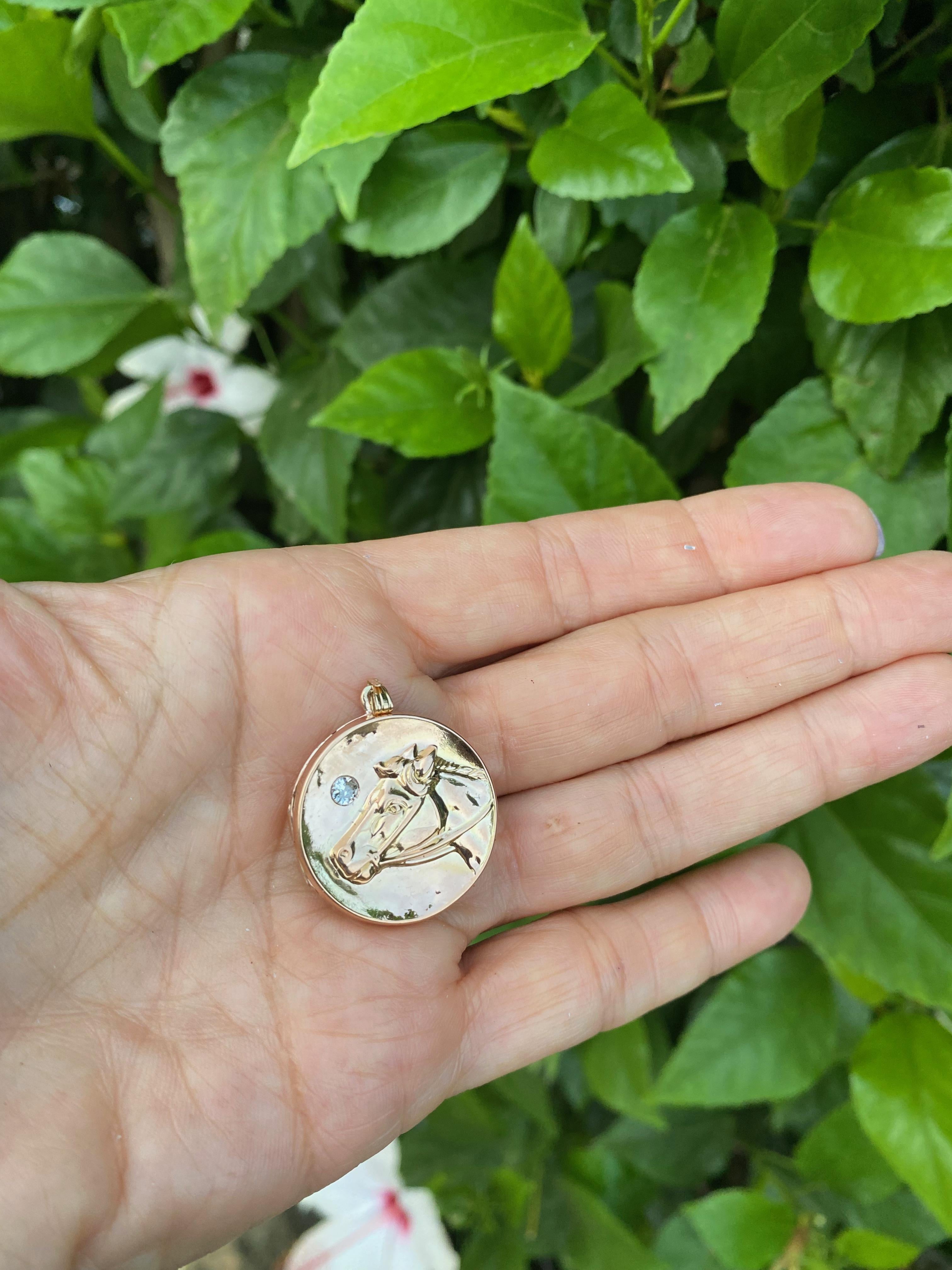 Vintage, Horse Locket features a round European Cut diamond on a Horse Head round Locket. This retro era pendant-locket is consistent with the 40' & 50