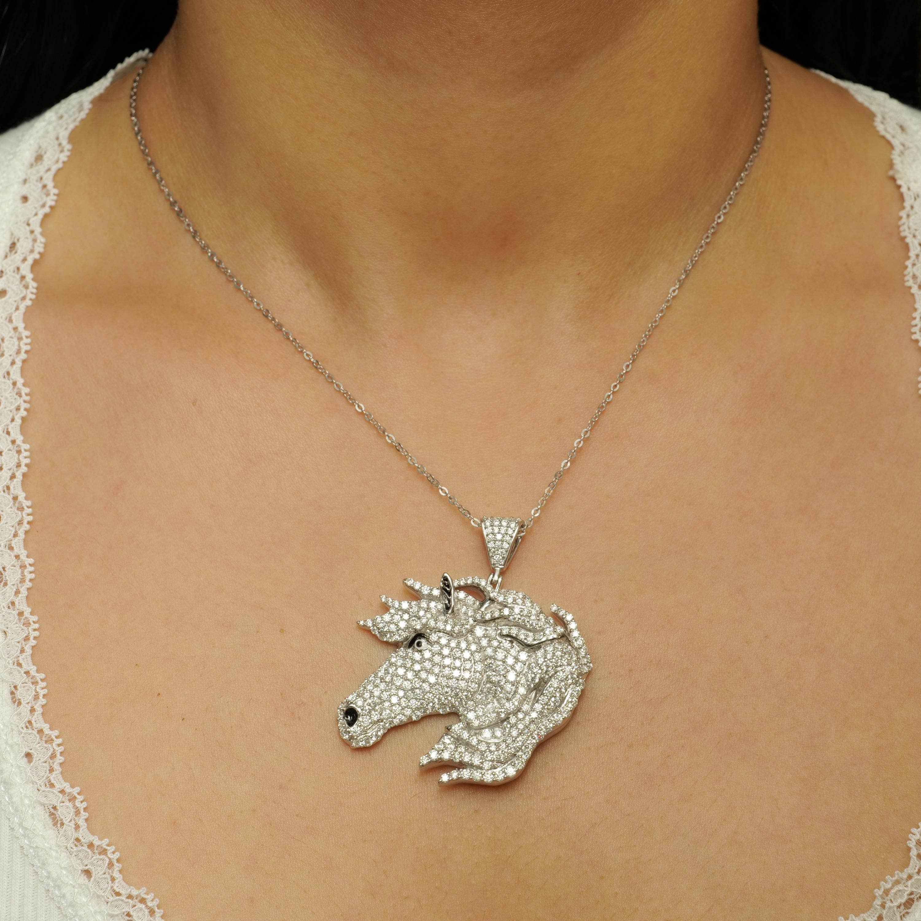 Art Deco Horse Majestic Equine Diamond Pendant Necklace in 14K Solid Gold (Certified) For Sale