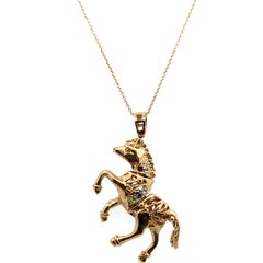Horse moving vintage pendant necklace yellow gold