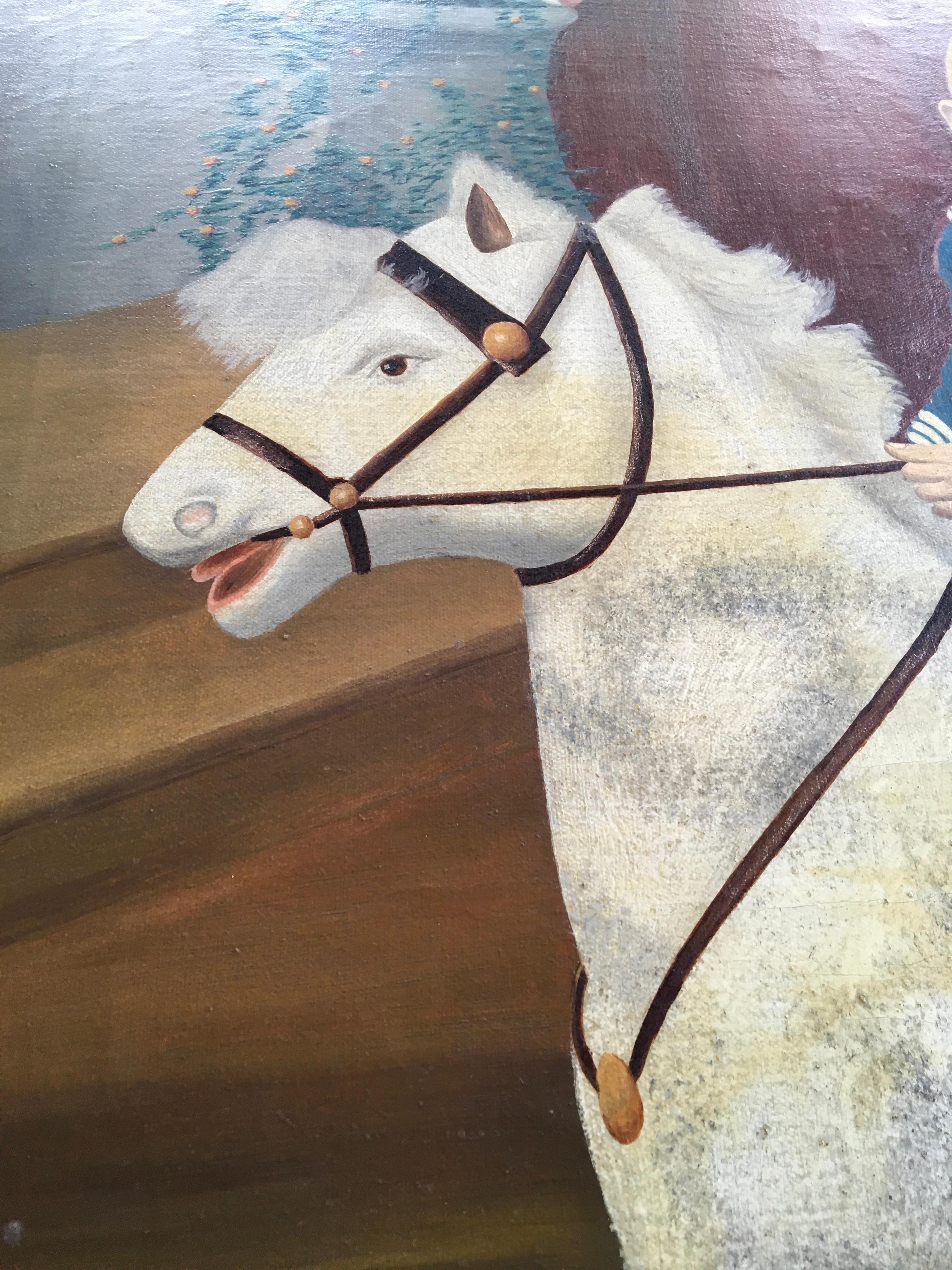 Hand-Painted Horse on Wheels Toy Framed Painting  For Sale