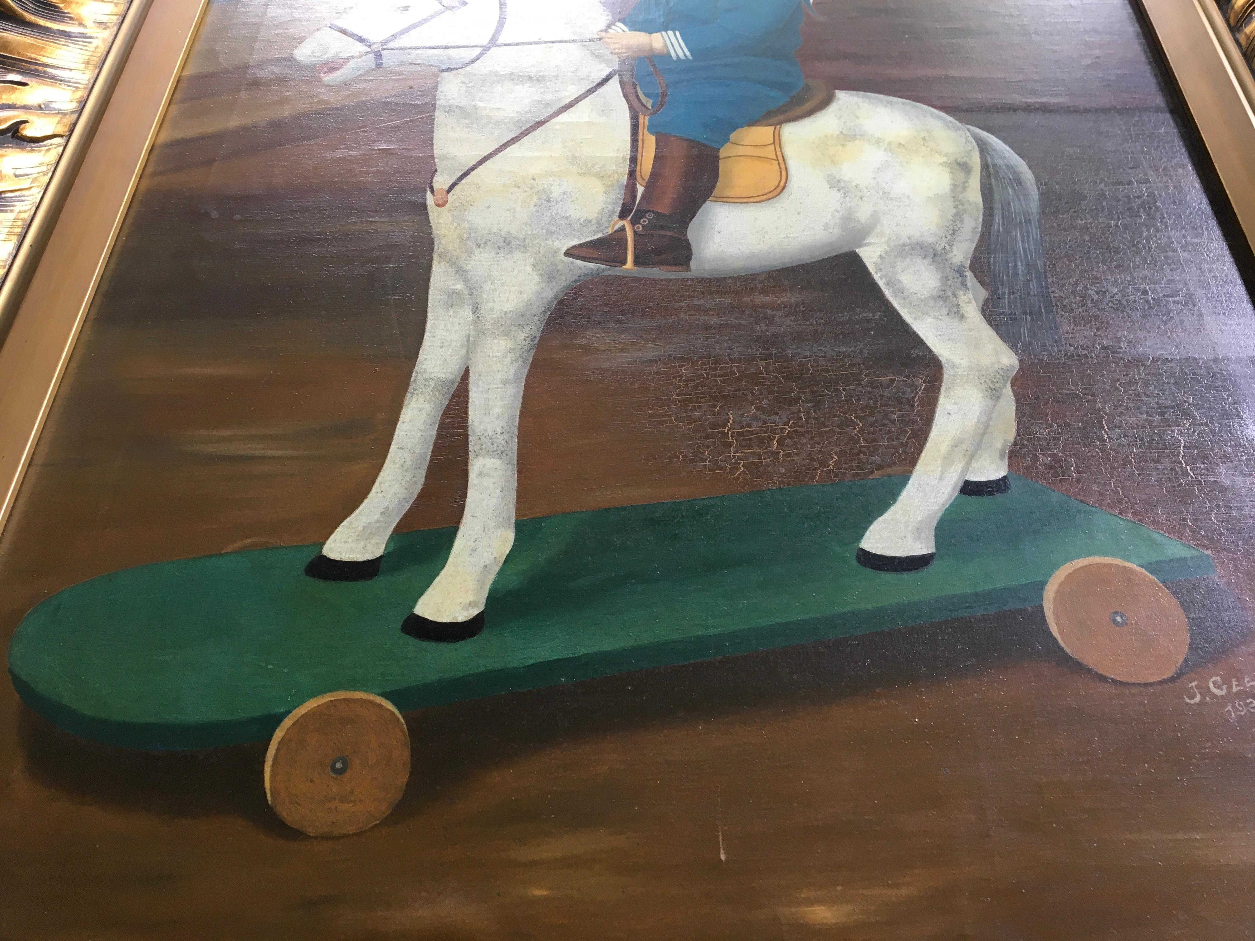 Peinture encadrée Cheval sur roues jouant  Bon état - En vente à Antwerp, BE