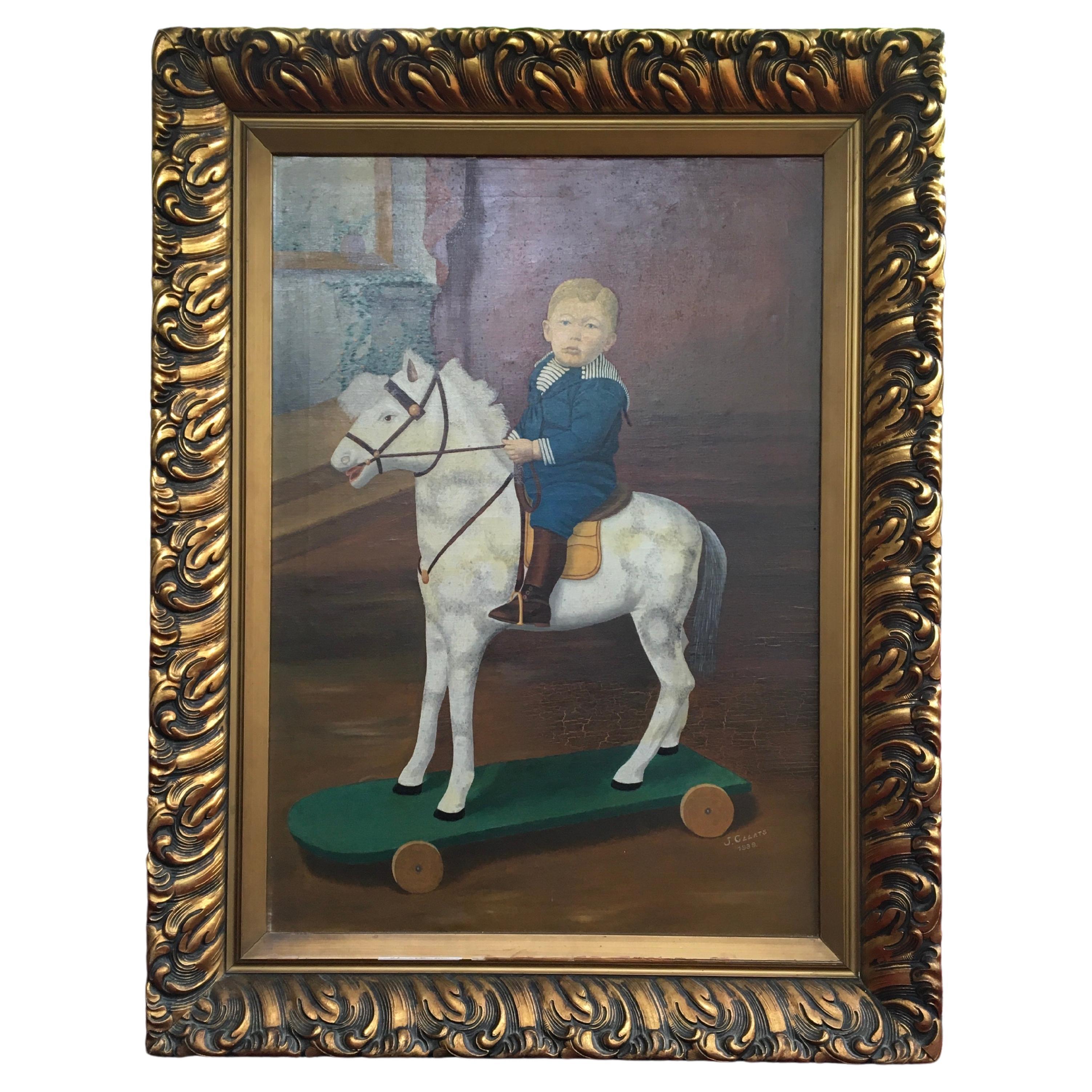 Horse on Wheels Toy Framed Painting  For Sale