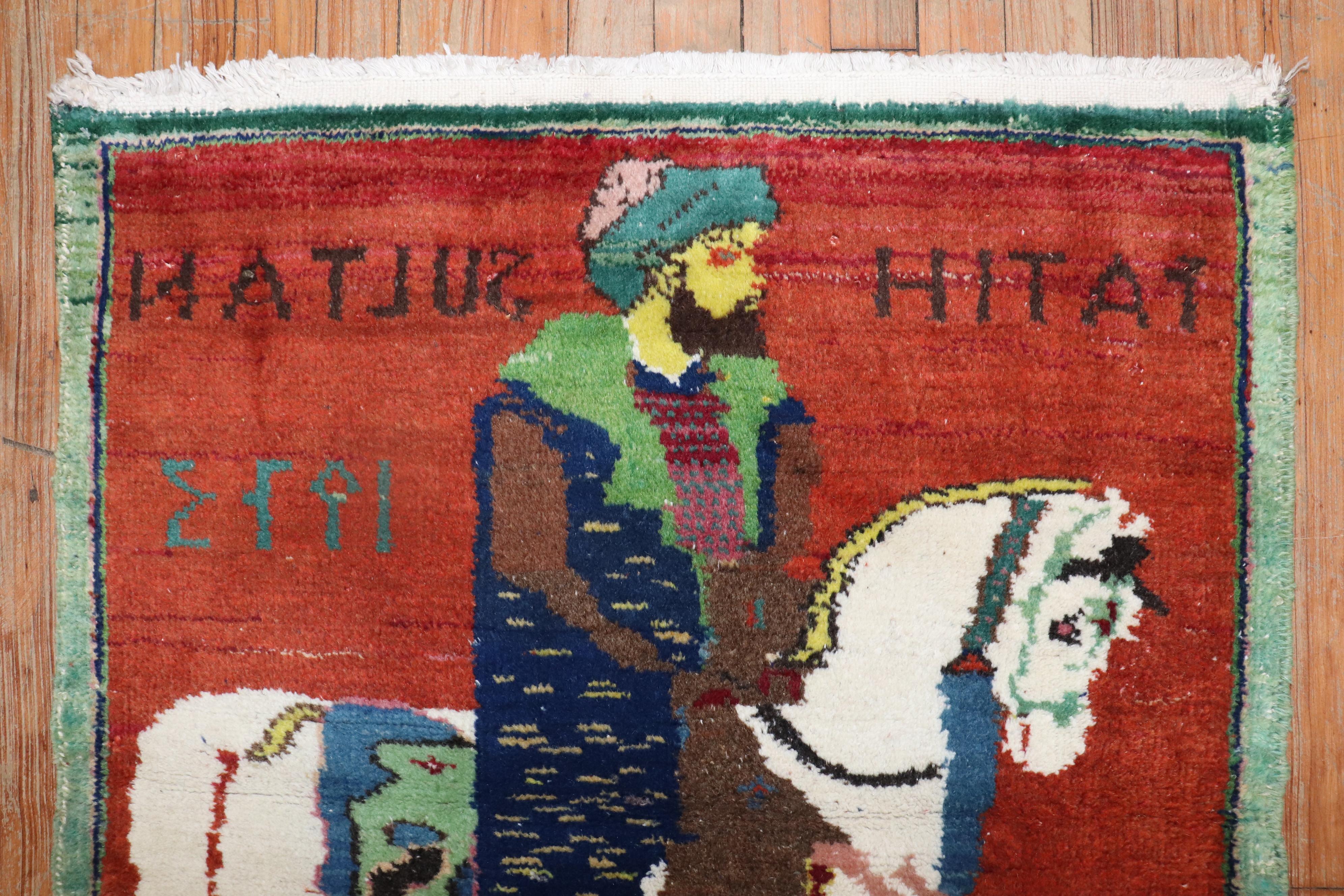Hand-Woven Horse Pictorial Turkish Dowry Rug For Sale