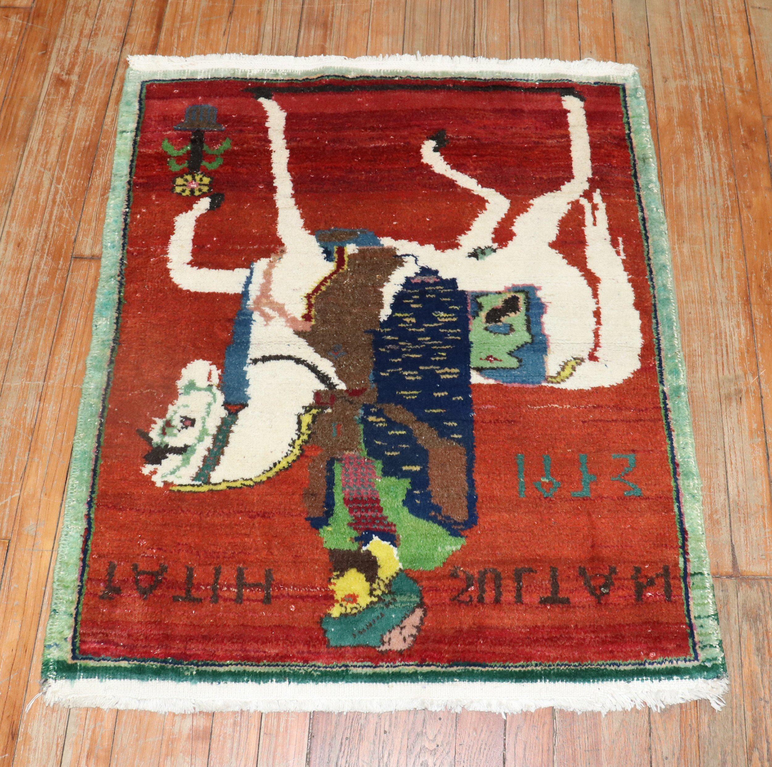 Wool Horse Pictorial Turkish Dowry Rug For Sale