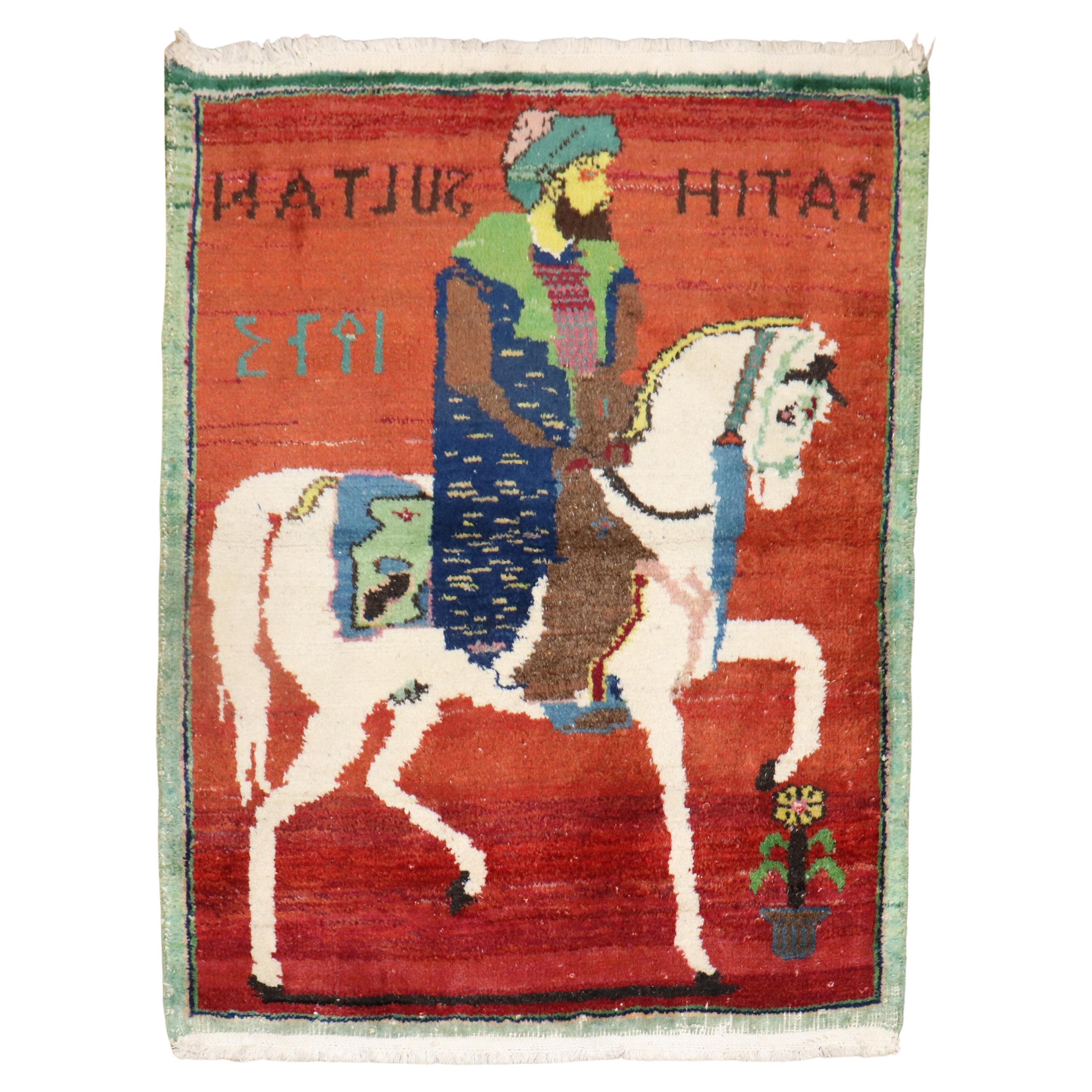 Türkischer Dowry-Teppich mit Pferdepferdenmotiv im Angebot