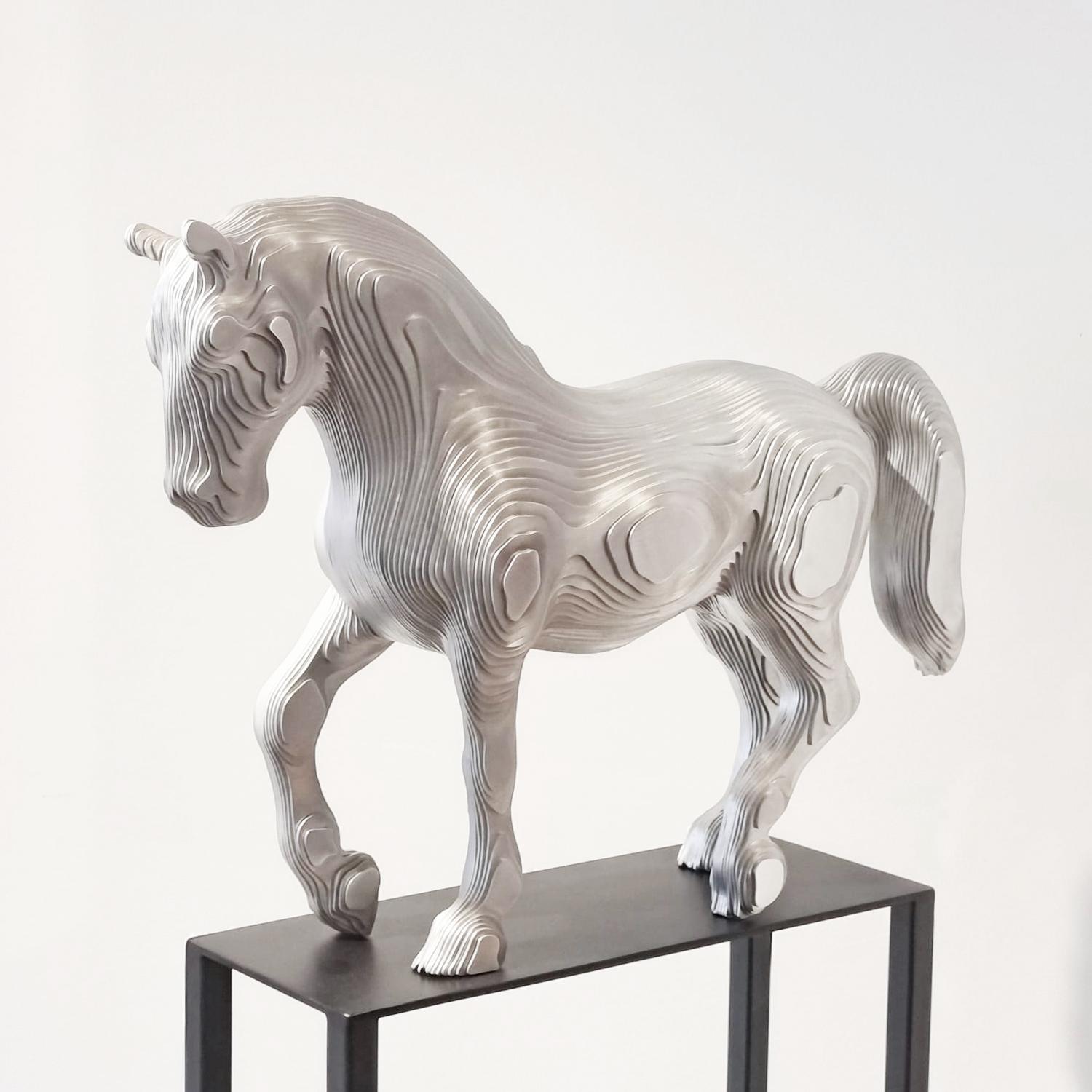 Scultura Cavallo Lucido in alluminio 
Piatti realizzati a mano. Un pezzo eccezionale realizzato in 
Saldare e modellare l'alluminio in modo magistrale 
Opere d'arte contemporanea. Numerati 4/4 e
pezzo firmato.
