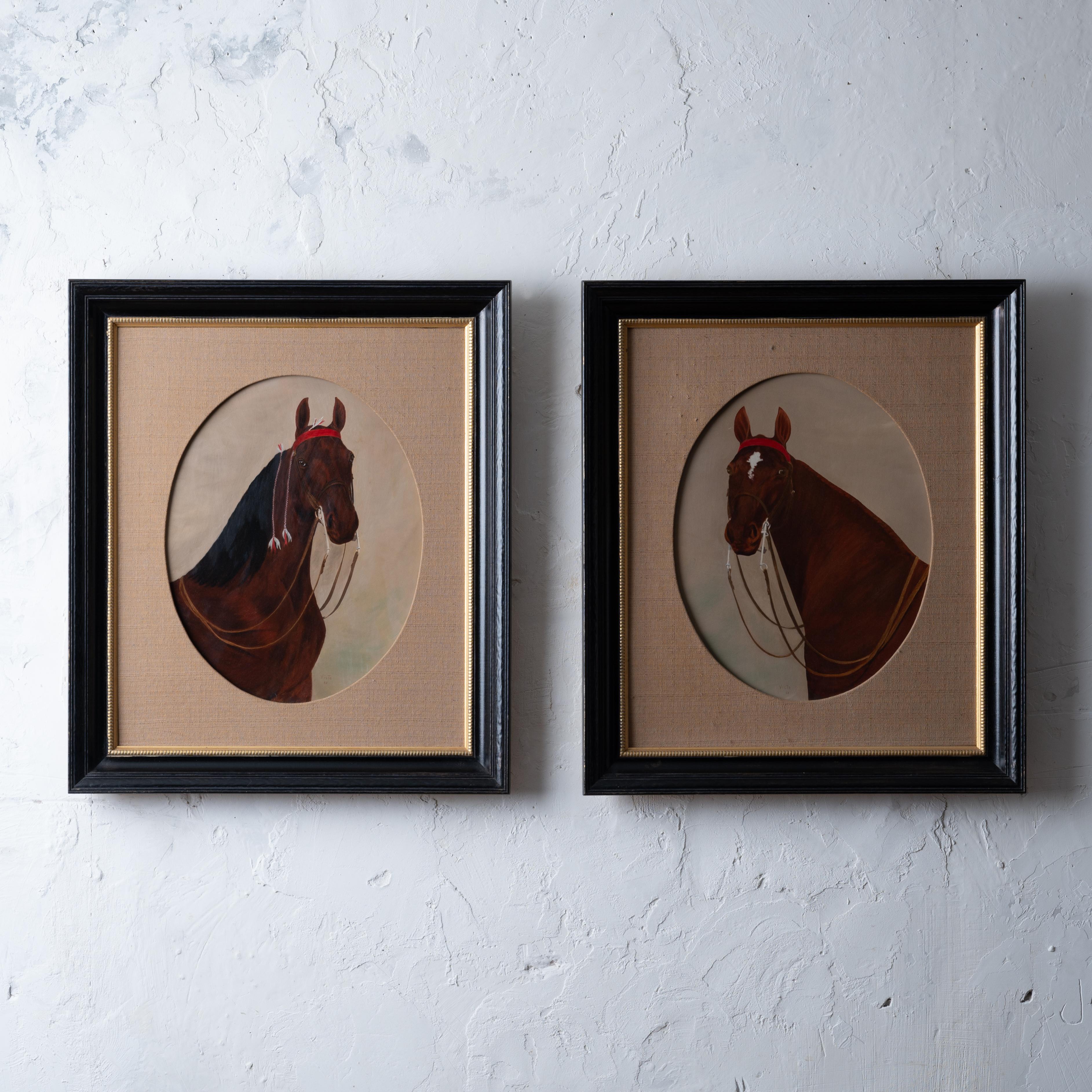 A pair of horse portraits signed Vista, 1955.  
Oil on board mounted under oval linen wrapped mat in ebonized and gilt frames.

sight: 14 ¼ by 18 ¼ inches
frame: 24 ½ by 28 ½ inches

