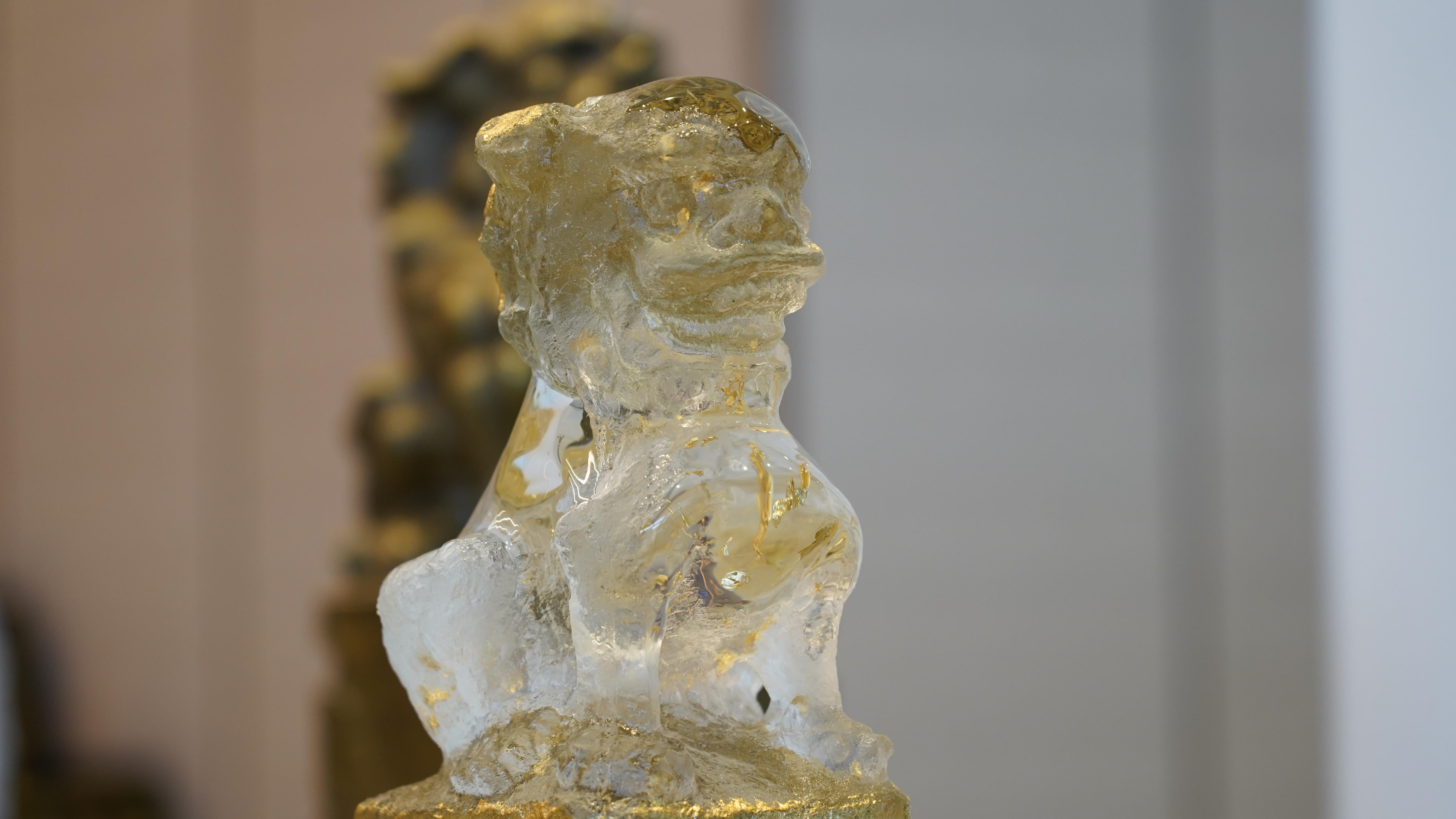 Chinese Horse Post Crystal Sculpture with Gold Foil by Gordon Gu For Sale