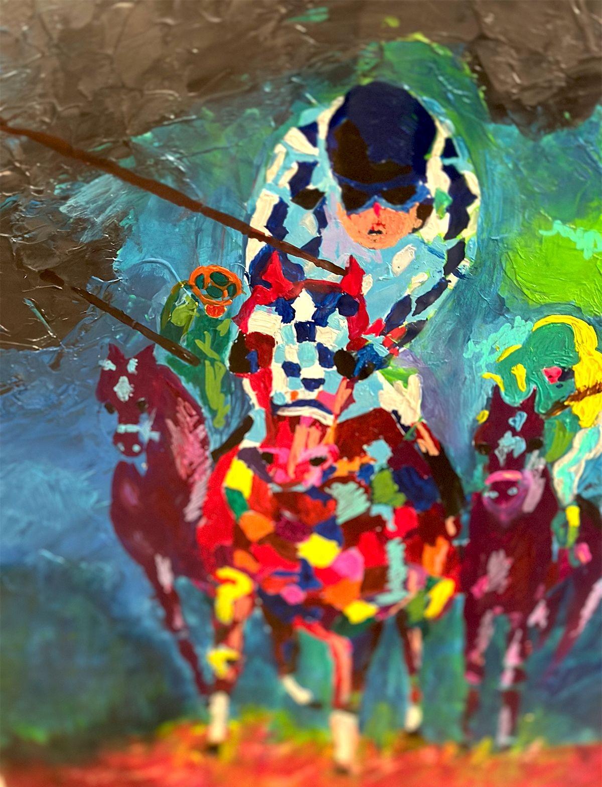 A spectacular oil on board painting by Leroy Neiman, depicting three horses in action racing against each other, having an equestrian with his horse as the main focal point. It is newly framed in giltwood and matted, while also having a UV light