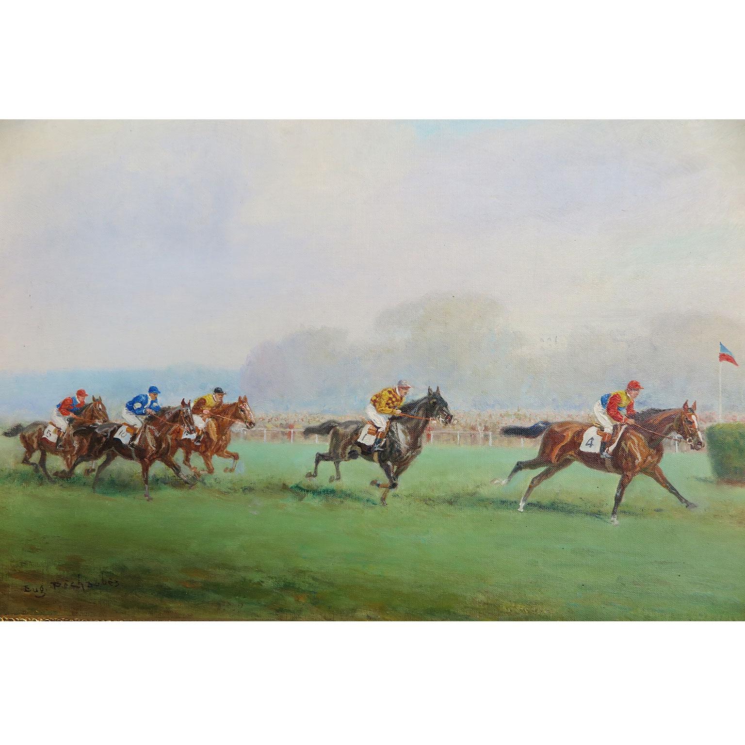 Painting of horse race by Eugene Pechaubes (1890-1967). Tones of greens, blue and brown. Oil on canvas. Original gold-leaf frame mounted to green painted wood back panel with gold leaf border. Signed on lower right corner.


