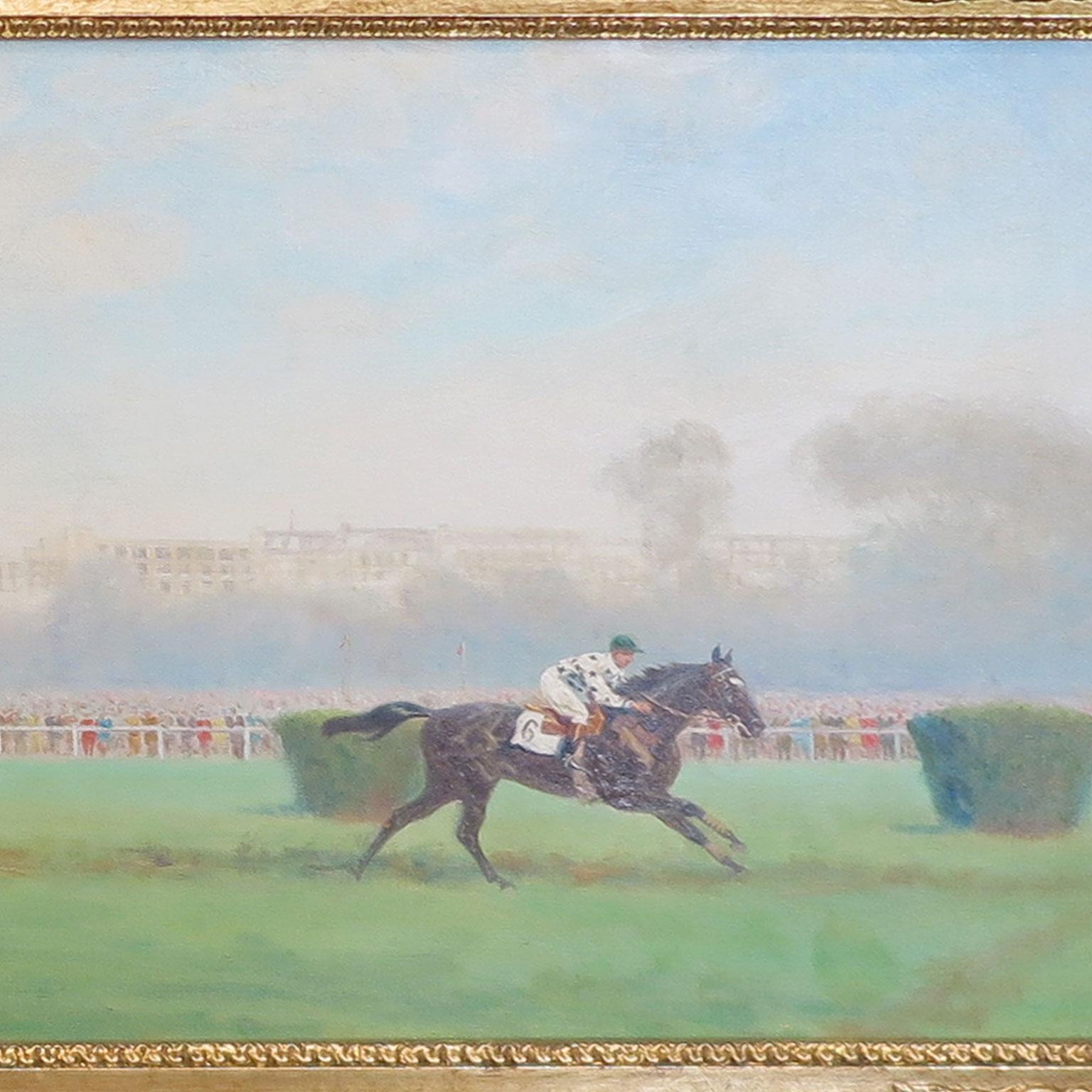 Art Deco Horse Race Painting by Eugene Pechaubes, circa 1940s