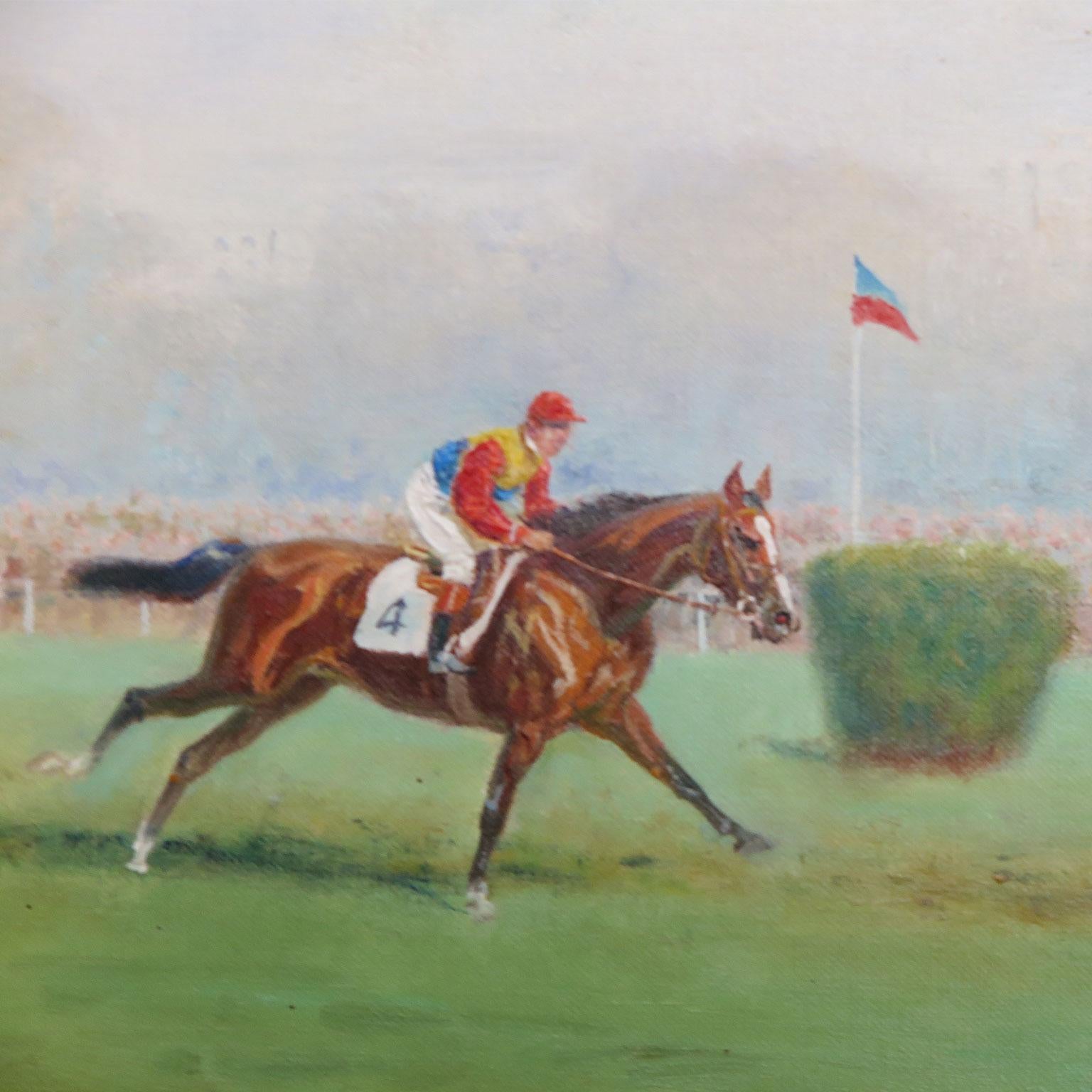French Horse Race Painting by Eugene Pechaubes, circa 1940s