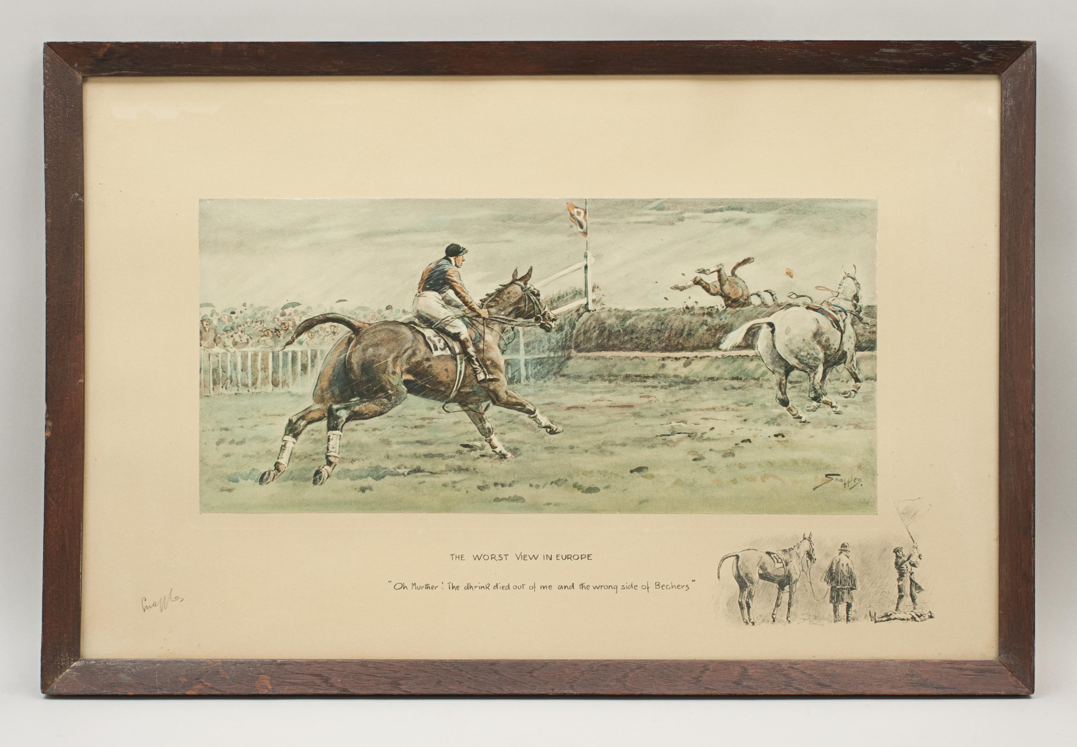 Vintage snaffles horse racing print, worst view in Europe.
A snaffles photolithograph entitled 'Worst View In Europe' with secondary caption 
