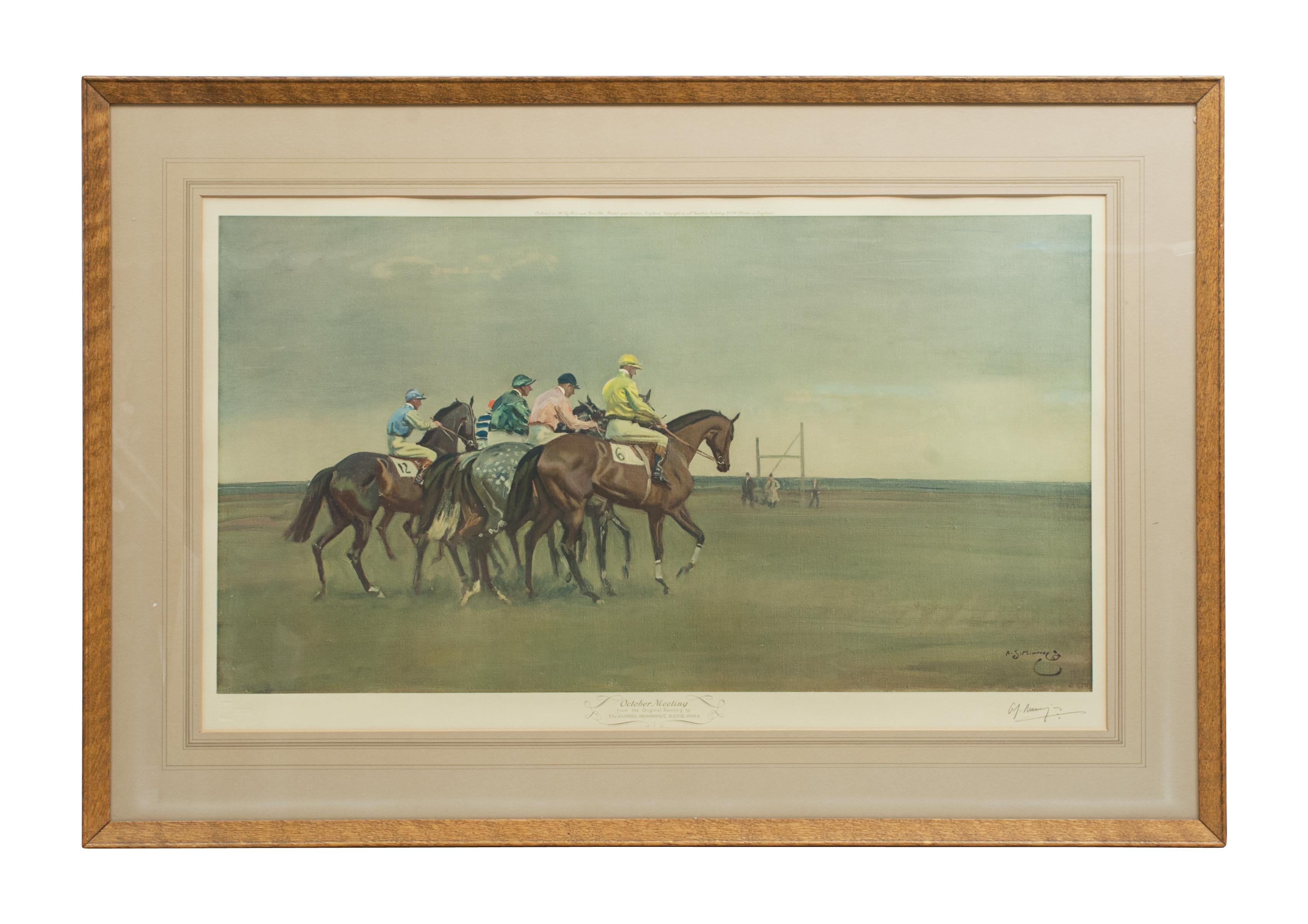 Vintage Newmarket Races Print, October Meeting, Sir Alfred Munnings.
A very impressive horse racing photolithograph of 'October Meeting' after a painting by Sir Alfred Munnings. K.C.V.O. P.P.R.A. The equestrian print is signed in pencil in the