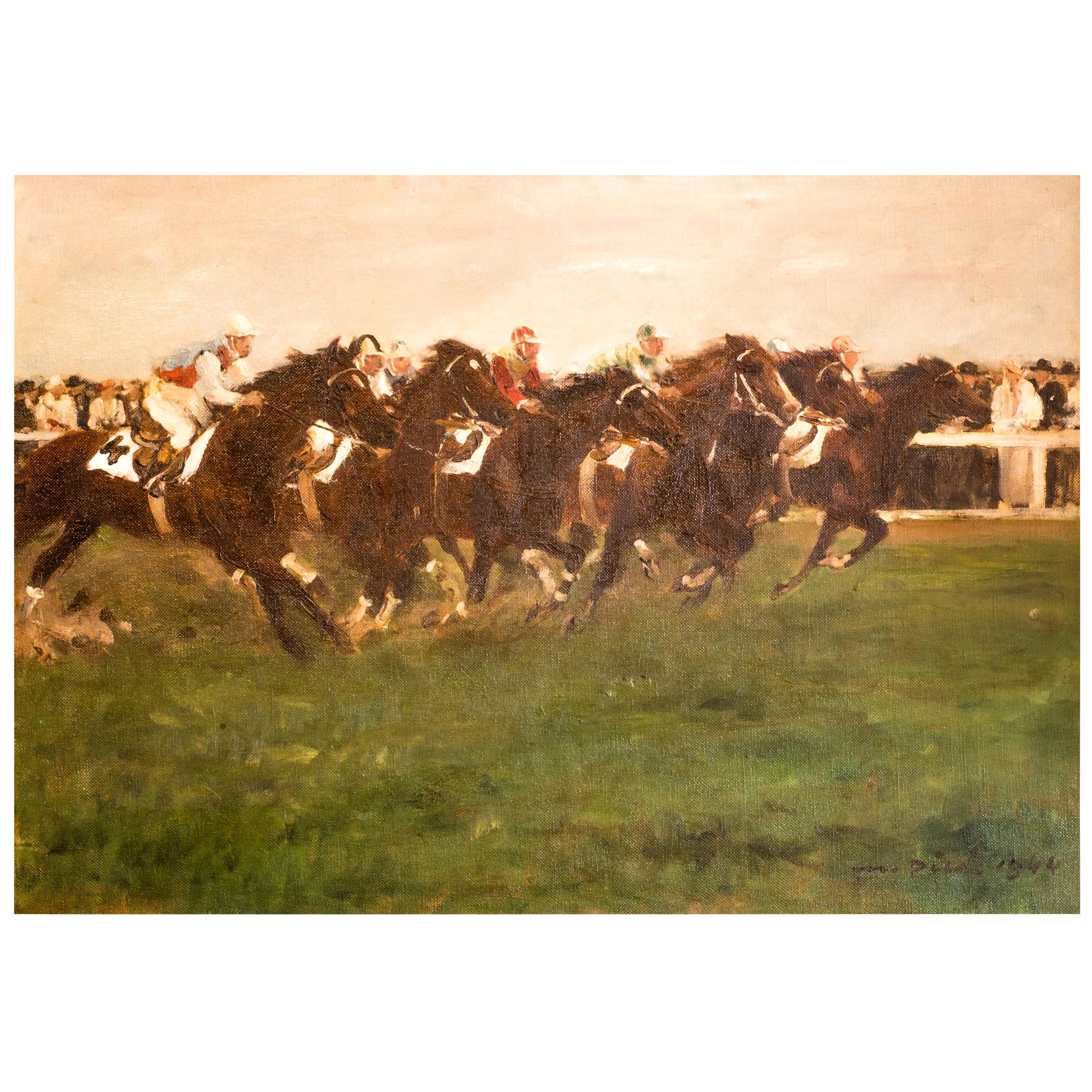 Scène de course de chevaux dans le style impressionniste d'Otto Dill