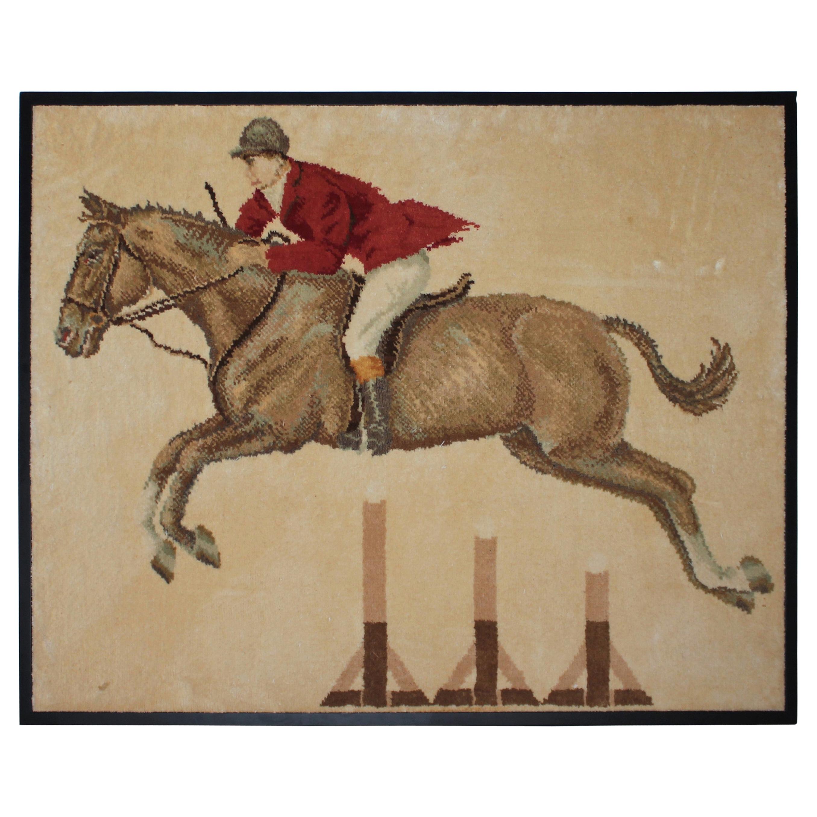 Horse & Rider Hand Hooked Rug Mounted & Framed