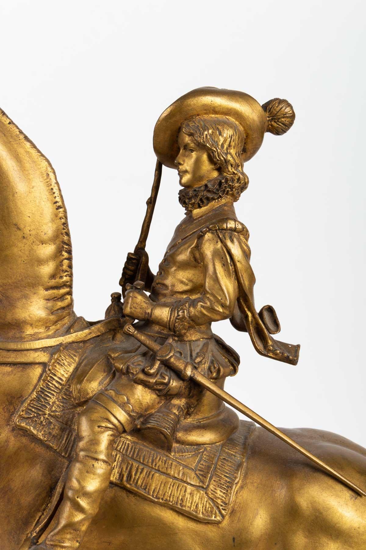 Gilt bronze sculpture on marble base, horse rider, 19th century, Napoleon III period, signed E. Frémiet.
Measures: H 47 cm, W 37 cm, D 21 cm.