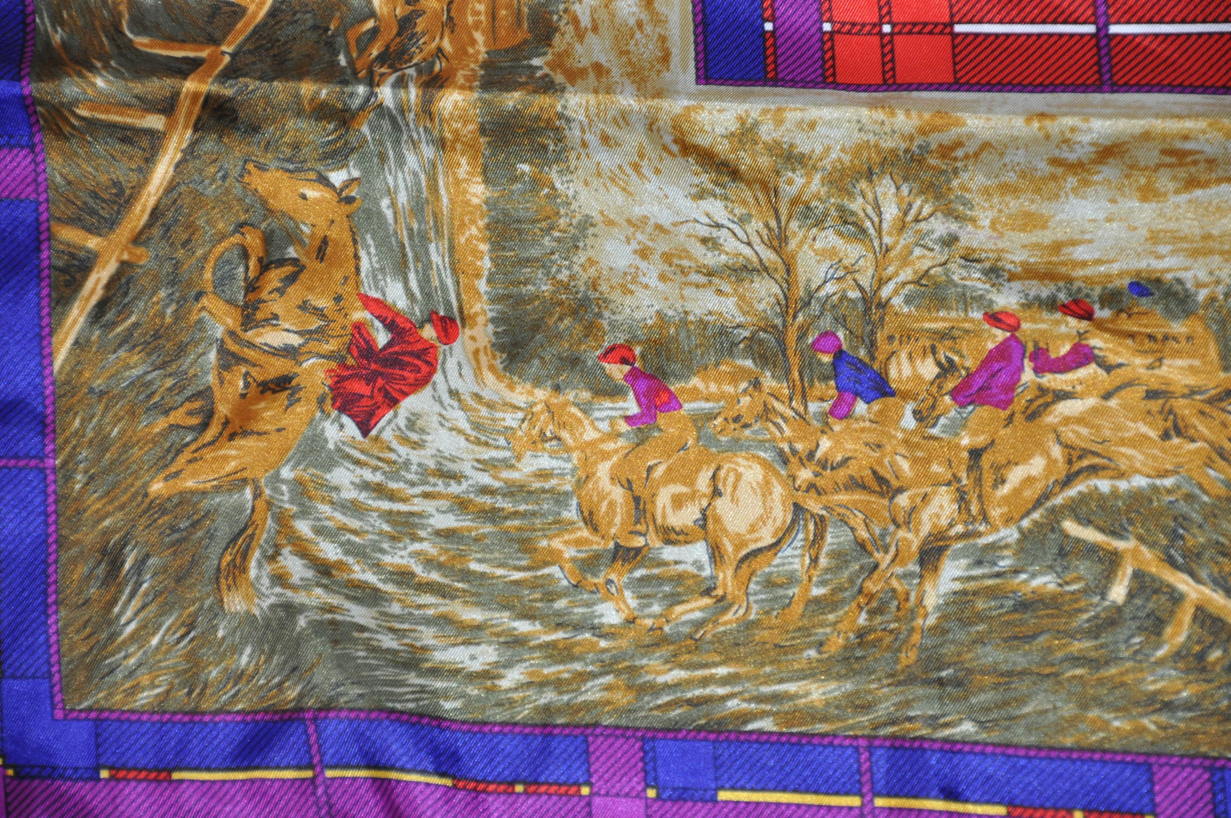 « Horse Riding Scenes » avec écharpe centrale en soie à carreaux multicolores vives et audacieuses Bon état - En vente à New York, NY