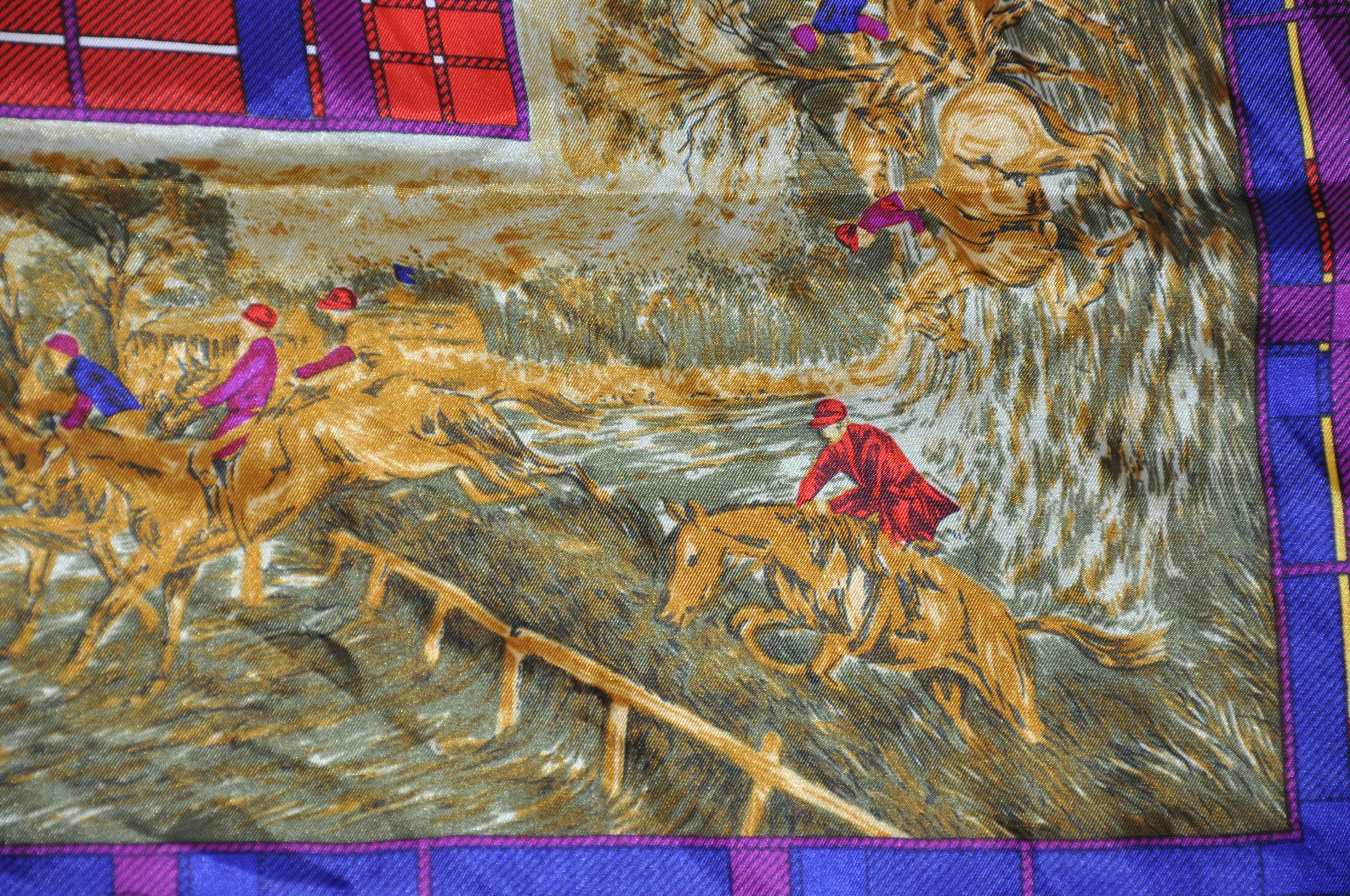 « Horse Riding Scenes » avec écharpe centrale en soie à carreaux multicolores vives et audacieuses Unisexe en vente