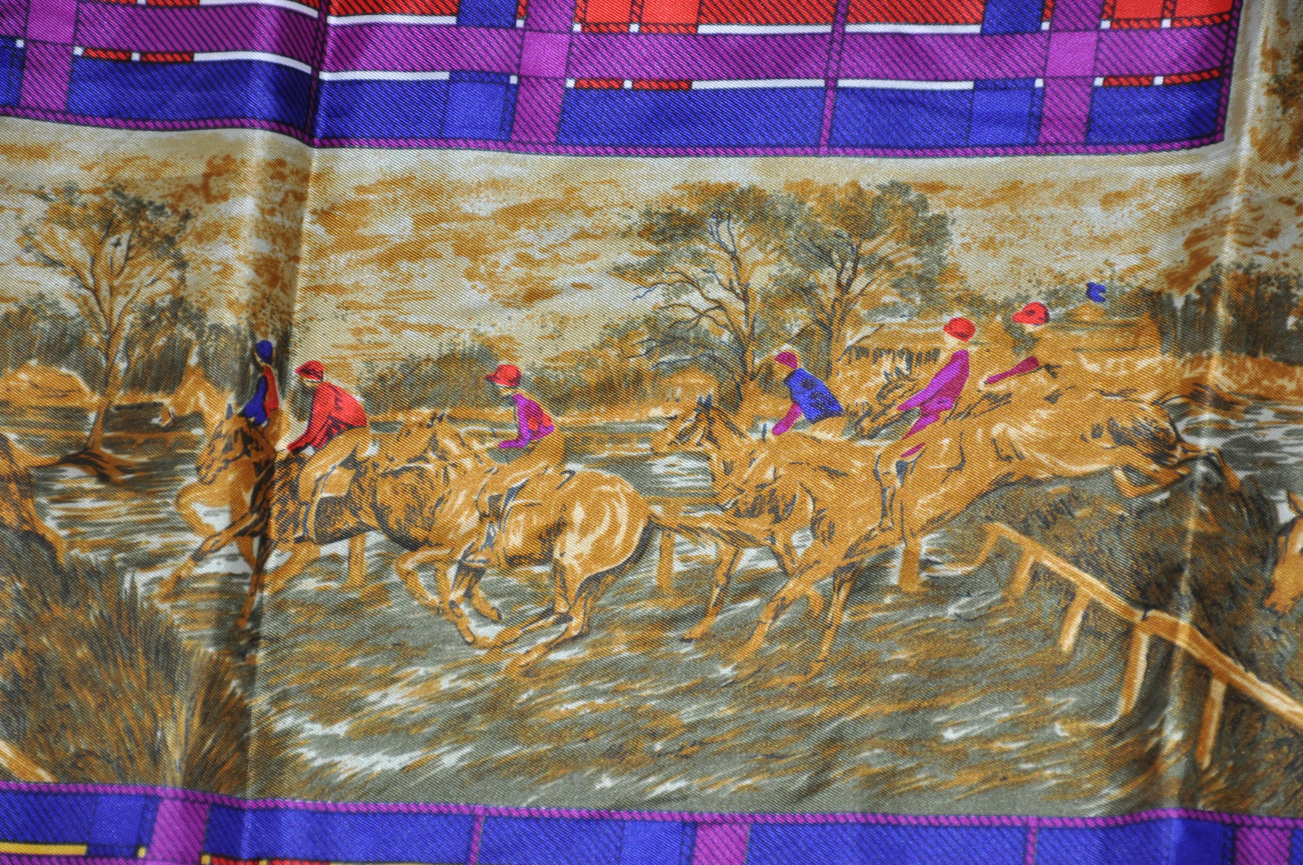 « Horse Riding Scenes » avec écharpe centrale en soie à carreaux multicolores vives et audacieuses en vente 1
