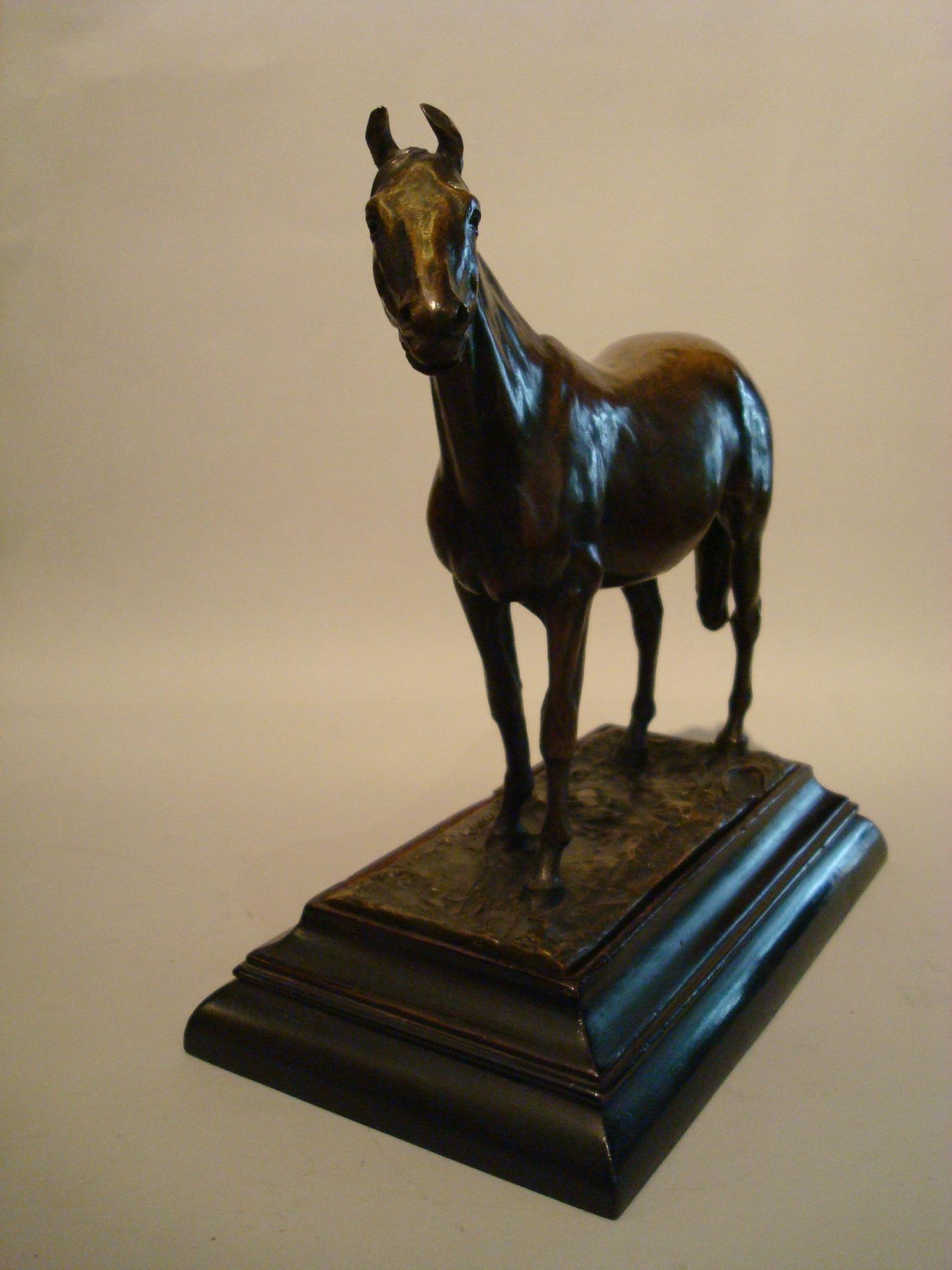 Equestrian Trophy. The horse looks Arab horse or a polo horse
Standing horse on rectangular base, brown patina, signed, 