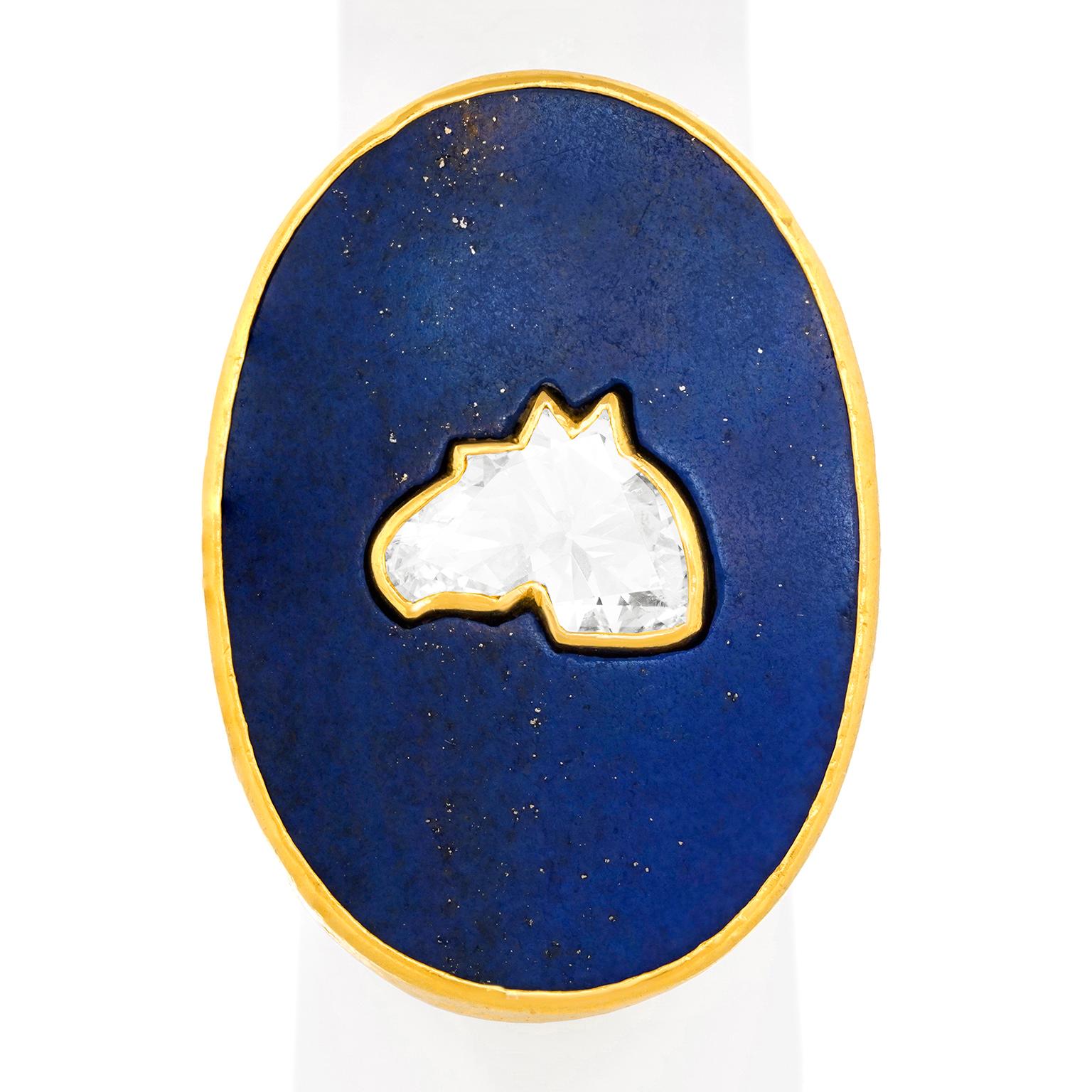 Brilliant Cut Horse-shaped Diamond in Lapis Ring by Zobel