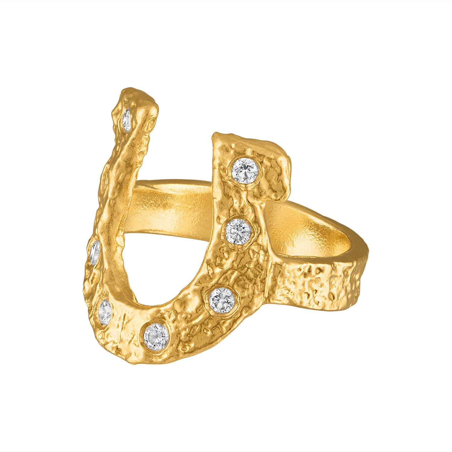 Command attention with this dazzling 22 karat gold horseshoe ring, studded with eight 1.9mm radiant diamonds. The high gold content catches the light, while the diamonds cast a mesmerizing sparkle. This piece is for the fearless individual who