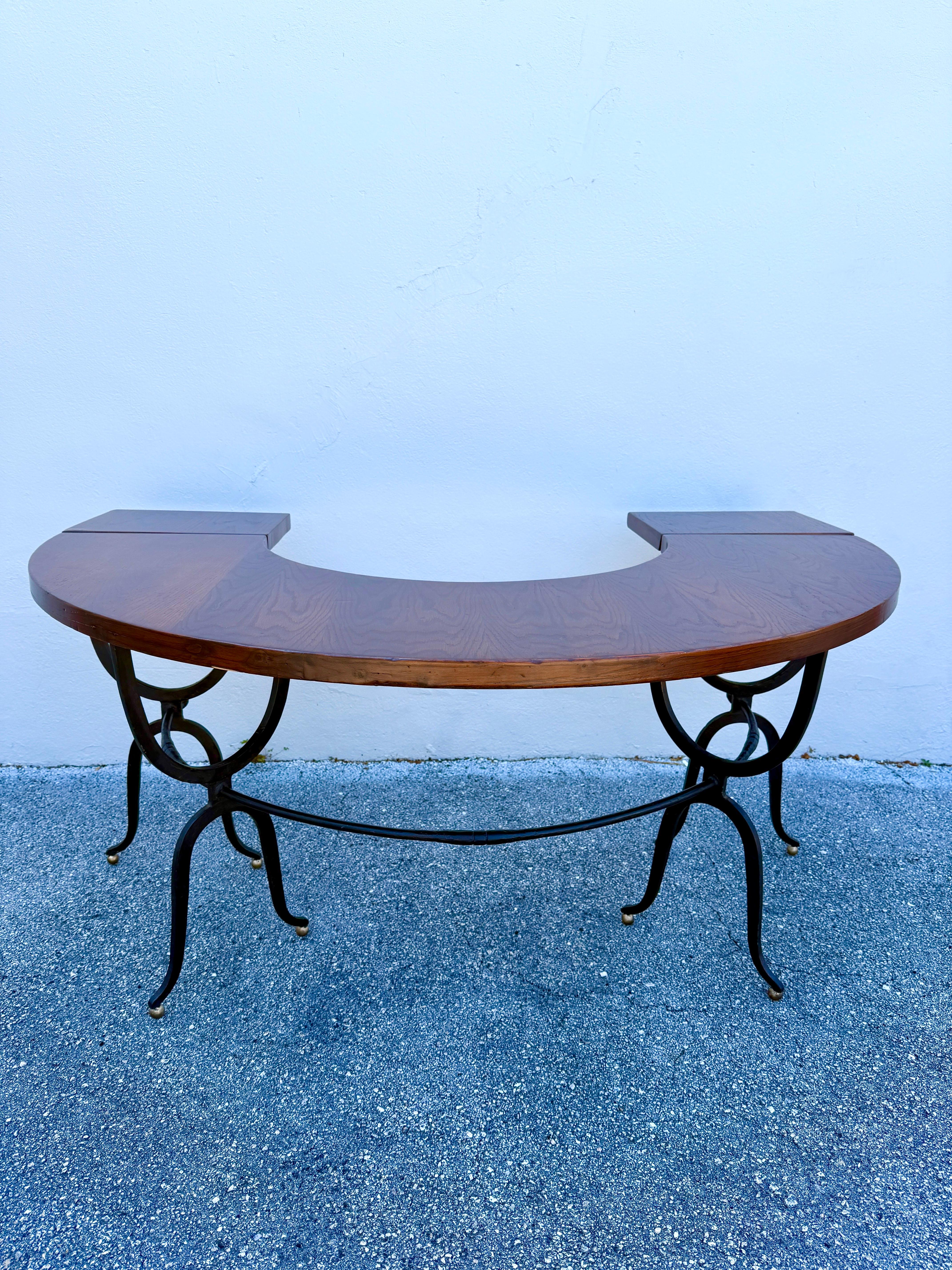 Horse Shoe Shaped Farm Table/ Desk w/ Drop-Leaves on Wrought Iron Base For Sale 5