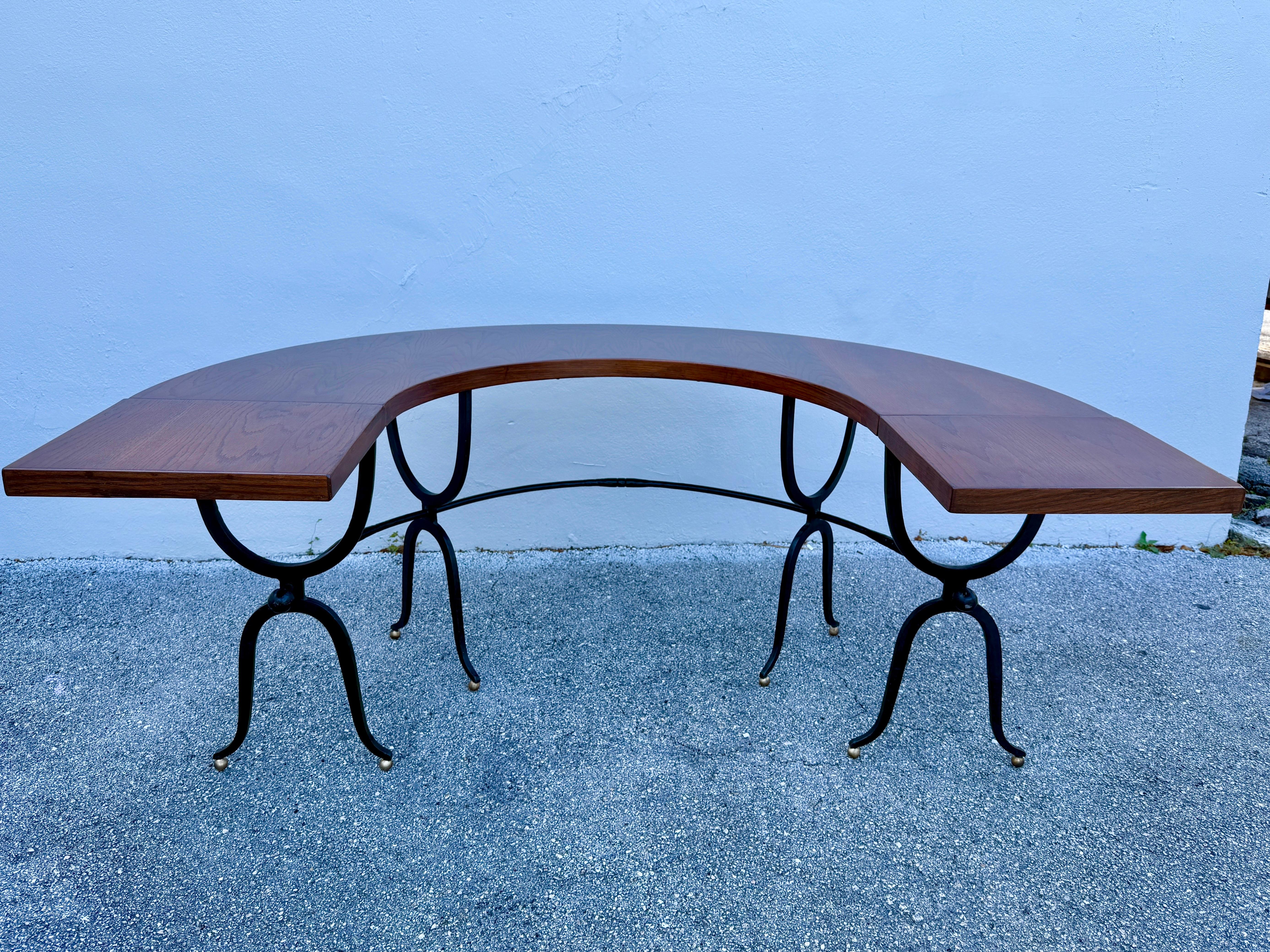 Horse Shoe Shaped Farm Table/ Desk w/ Drop-Leaves on Wrought Iron Base For Sale 8