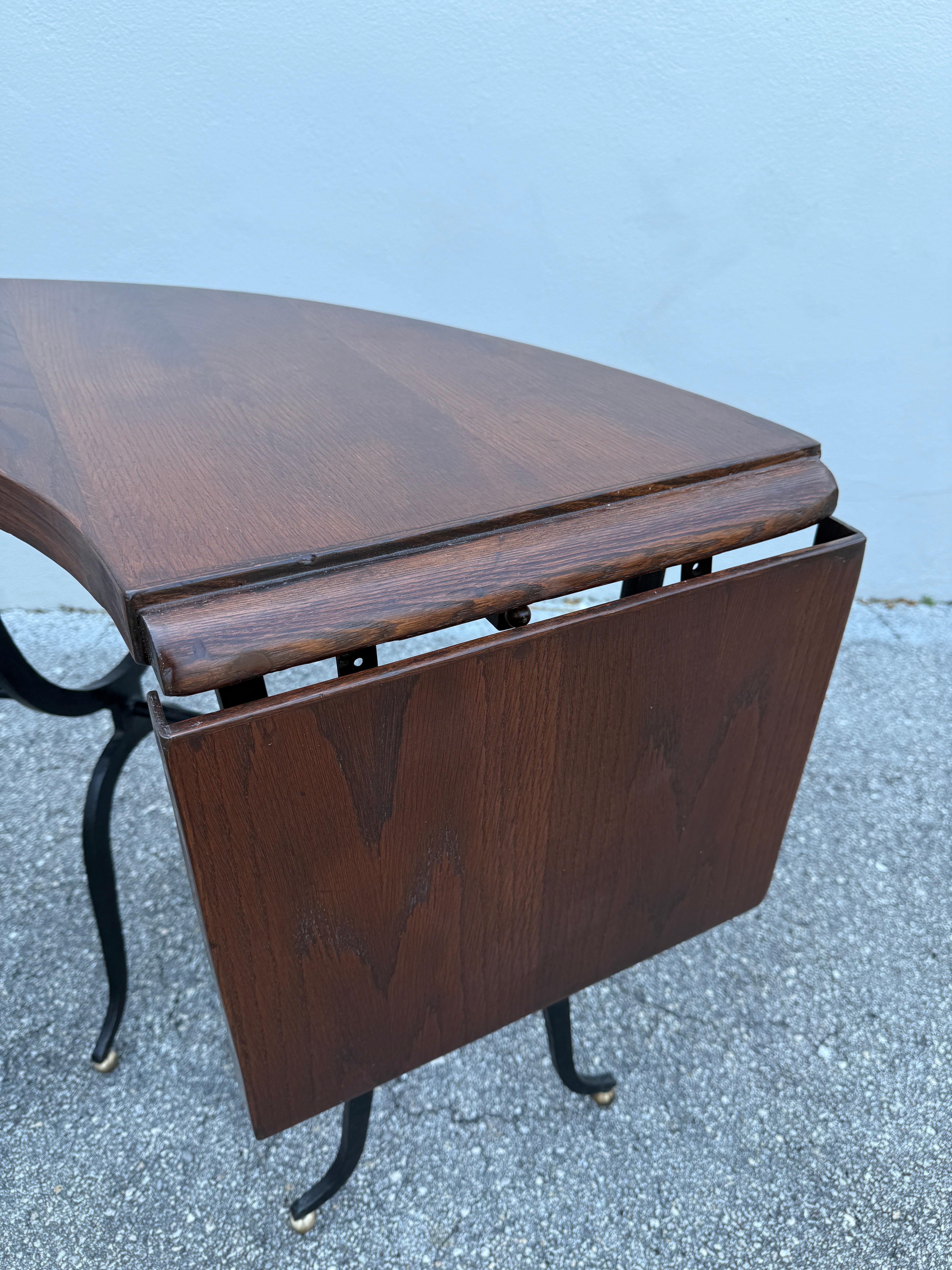 Horse Shoe Shaped Farm Table/ Desk w/ Drop-Leaves on Wrought Iron Base For Sale 9