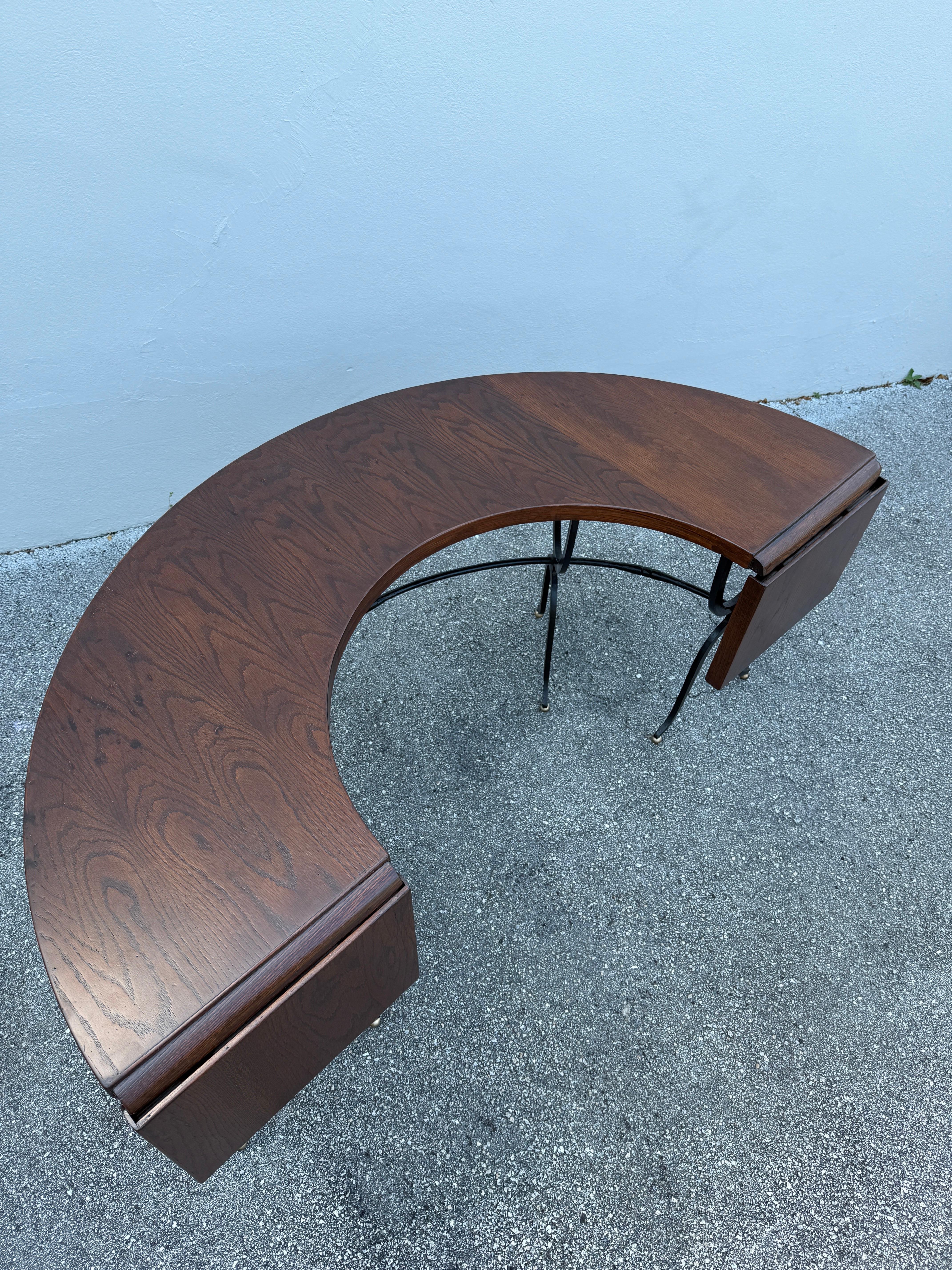 Horse Shoe Shaped Farm Table/ Desk w/ Drop-Leaves on Wrought Iron Base For Sale 11