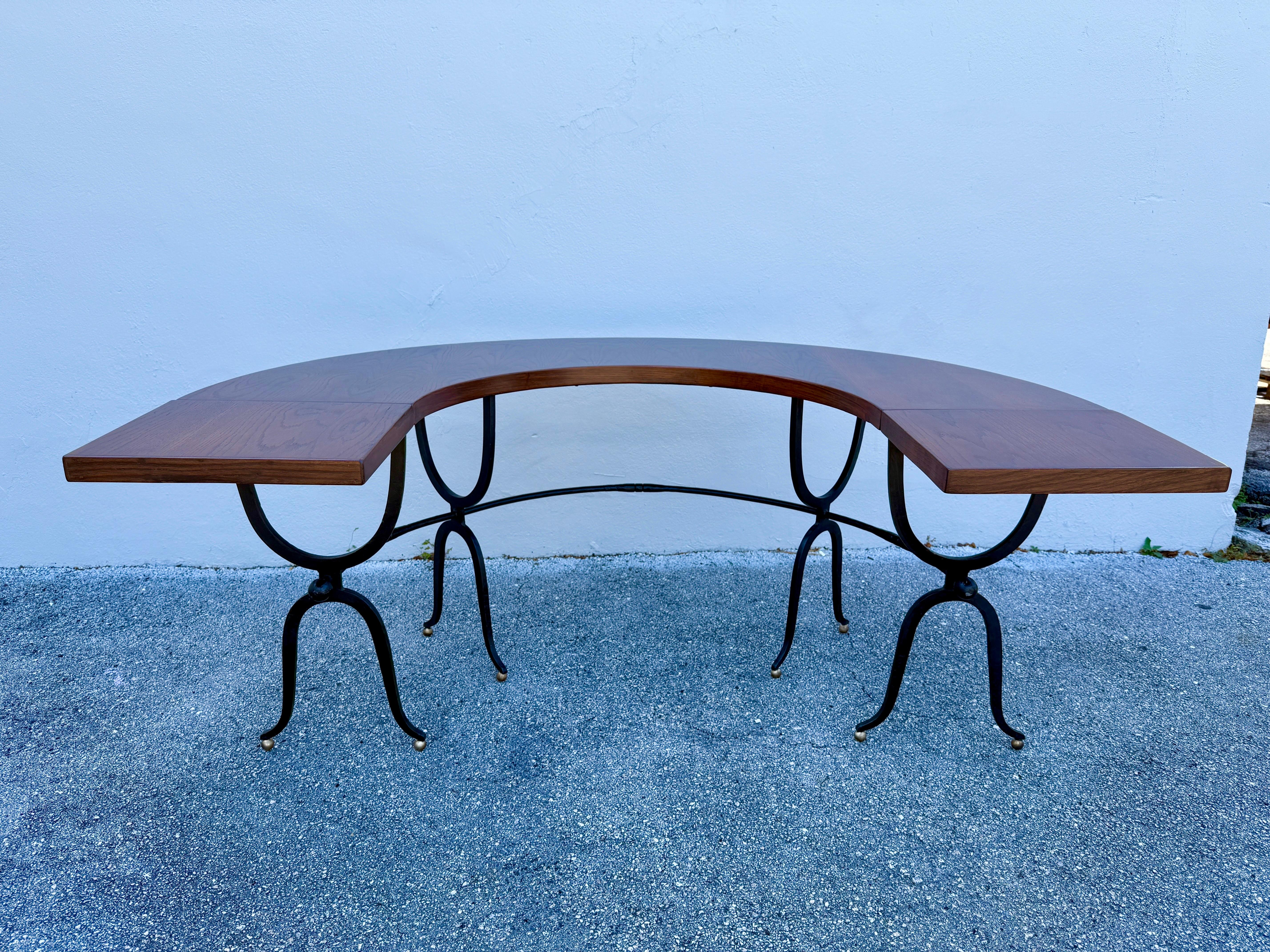 Horse Shoe Shaped Farm Table/ Desk w/ Drop-Leaves on Wrought Iron Base For Sale 13