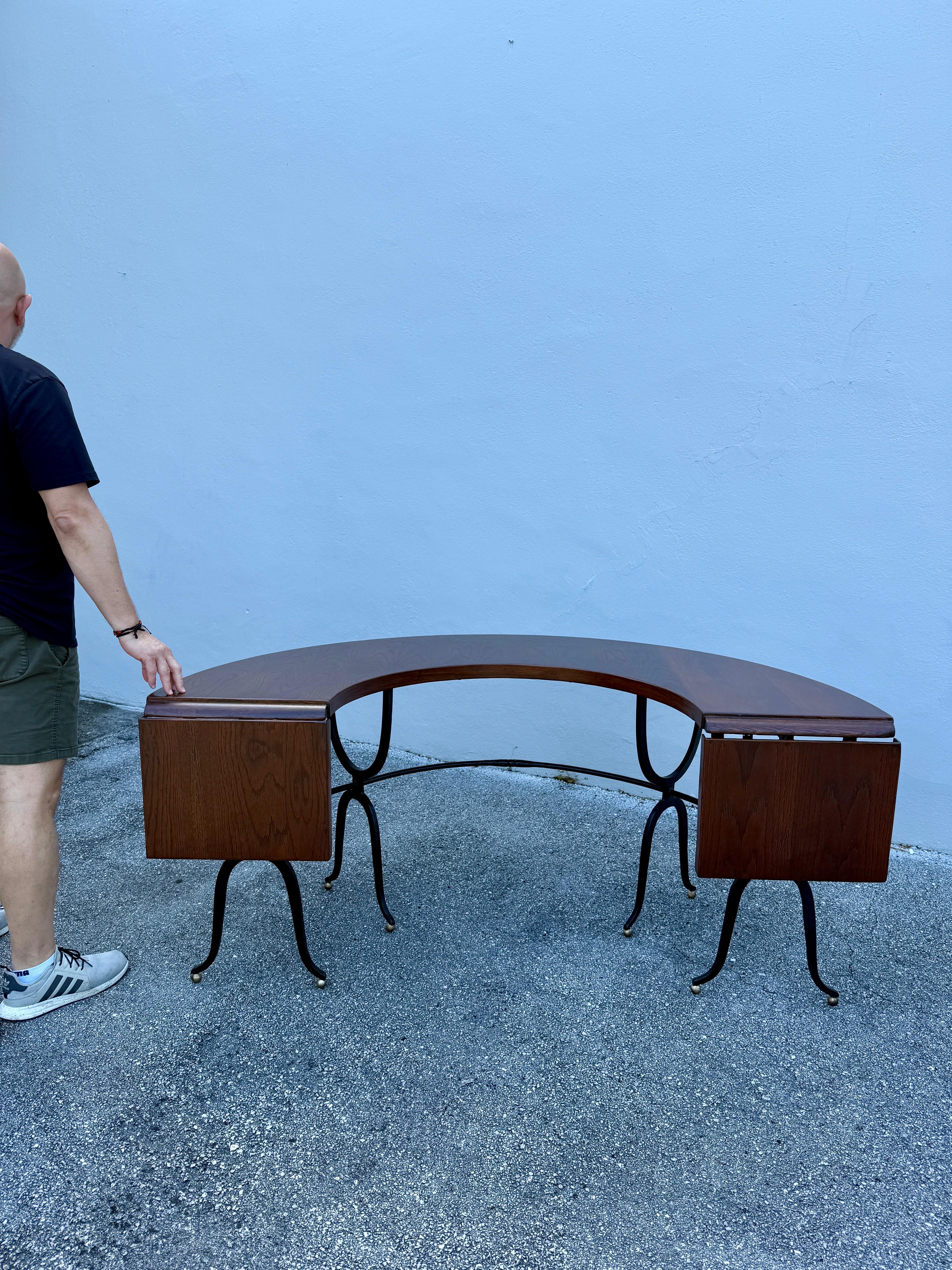 Country Horse Shoe Shaped Farm Table/ Desk w/ Drop-Leaves on Wrought Iron Base For Sale